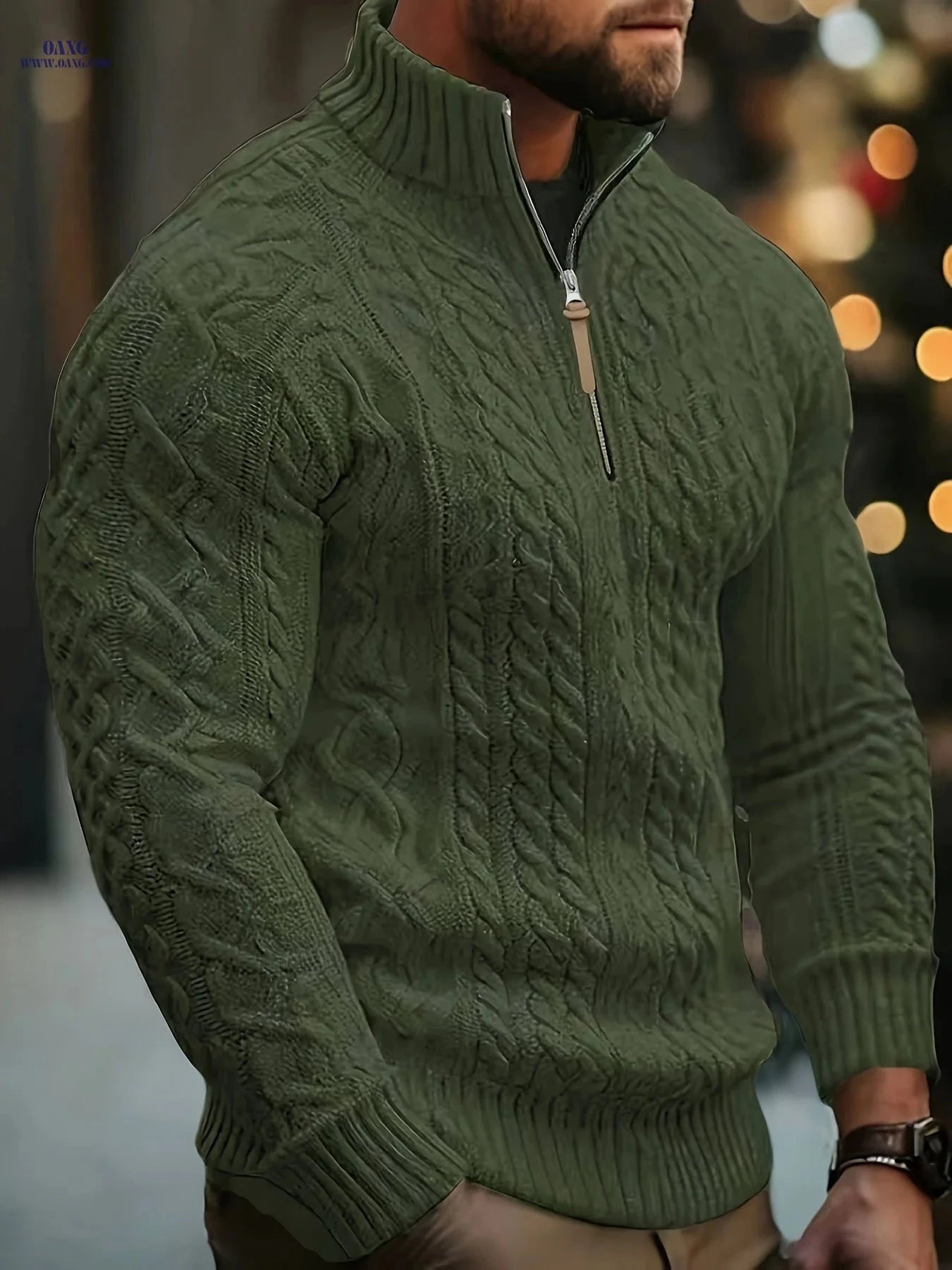Mr. Pony Half-Zip Knit Aran Sweater - Casual Stand-Up Collar   OAXG 