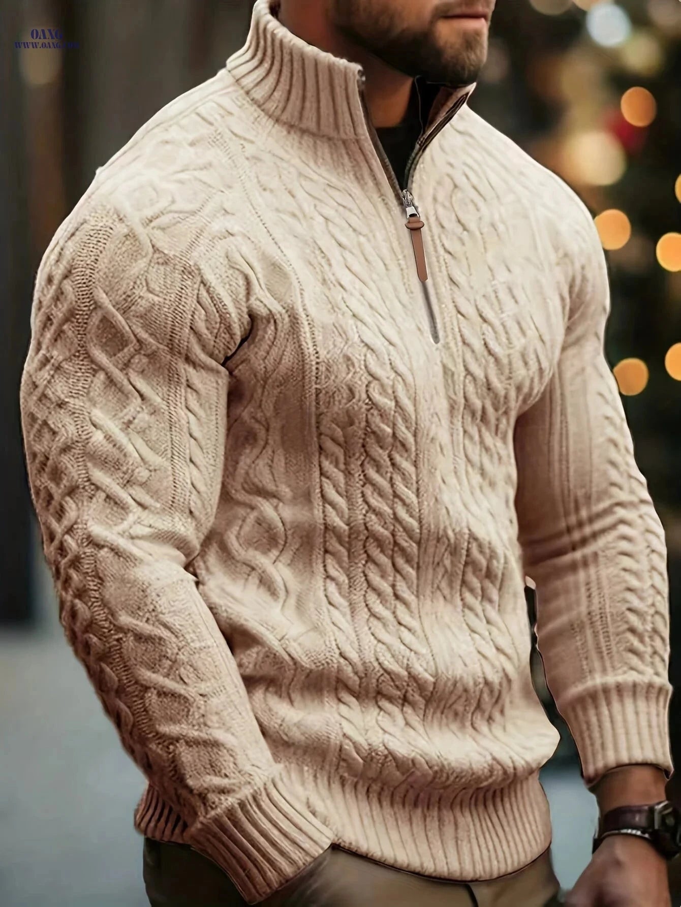 Mr. Pony Half-Zip Knit Aran Sweater - Casual Stand-Up Collar   OAXG 