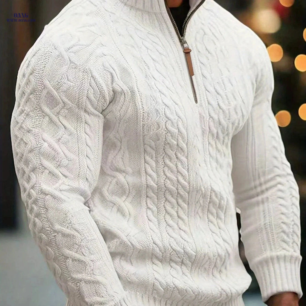Mr. Pony Half-Zip Knit Aran Sweater - Casual Stand-Up Collar   OAXG 