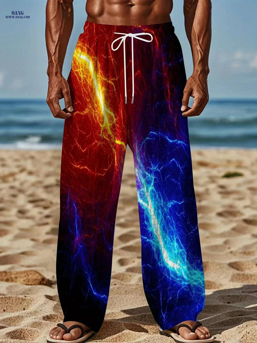 Multi-Color Lightnings Print Pants - Men's Casual Loose Fit Trousers   OAXG Mixed Color / M