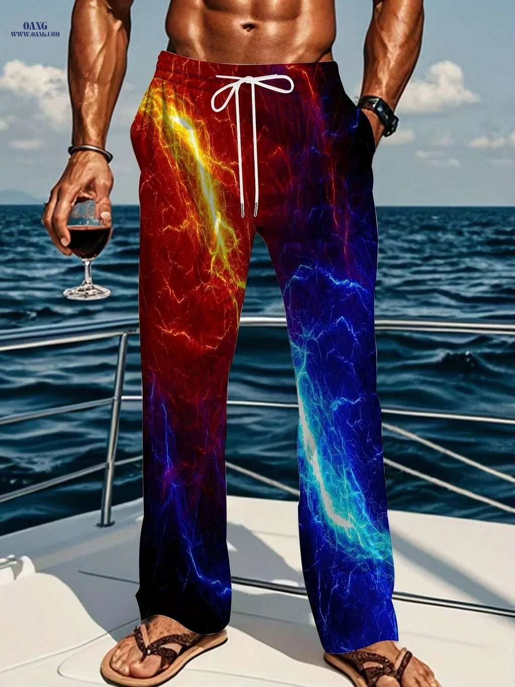 Multi-Color Lightnings Print Pants - Men's Casual Loose Fit Trousers   OAXG Mixed Color / M