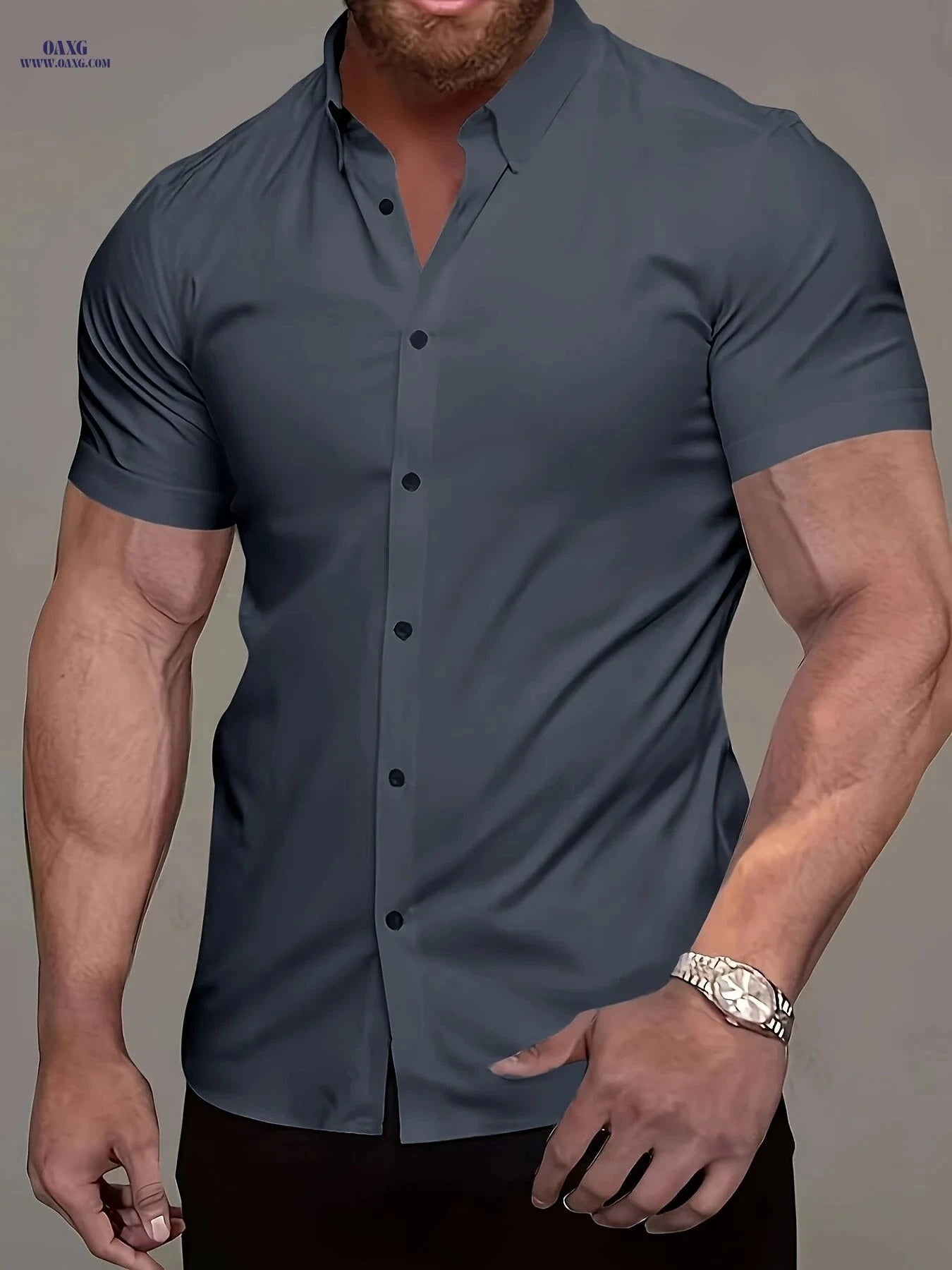 Muscle Man Short Sleeve Lapel Shirt - Solid Color, Non-Iron, Summer   OAXG 