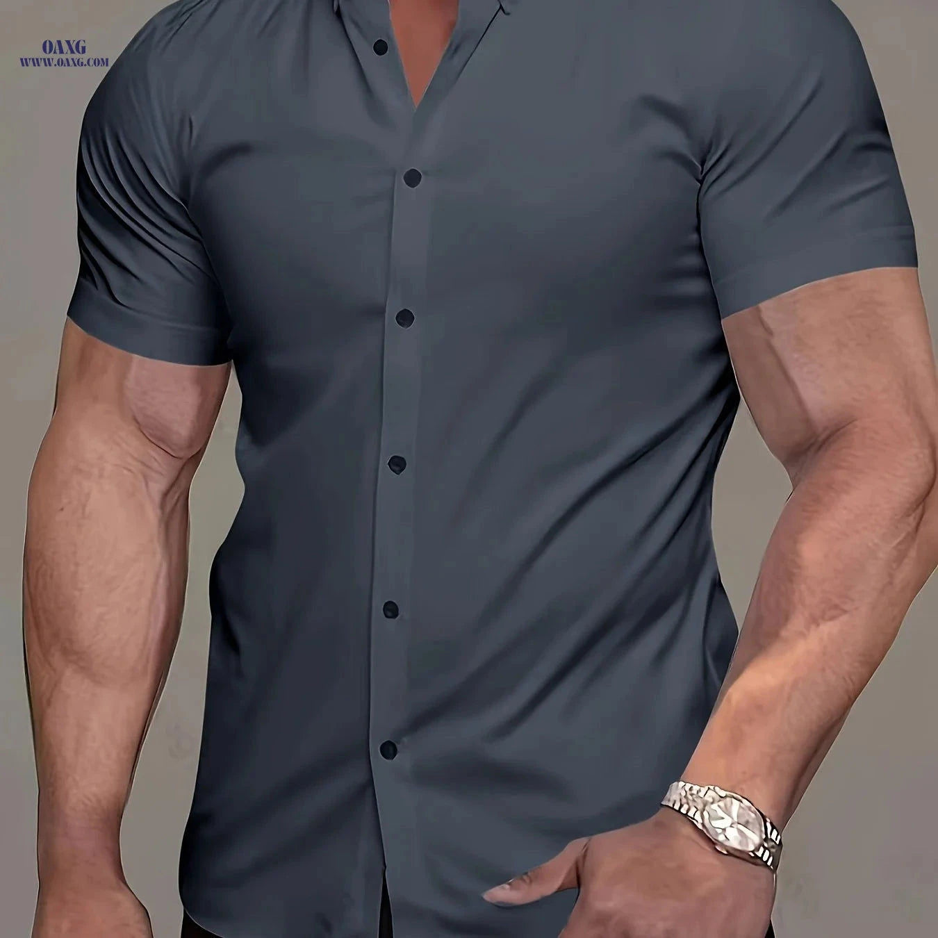 Muscle Man Short Sleeve Lapel Shirt - Solid Color, Non-Iron, Summer   OAXG 