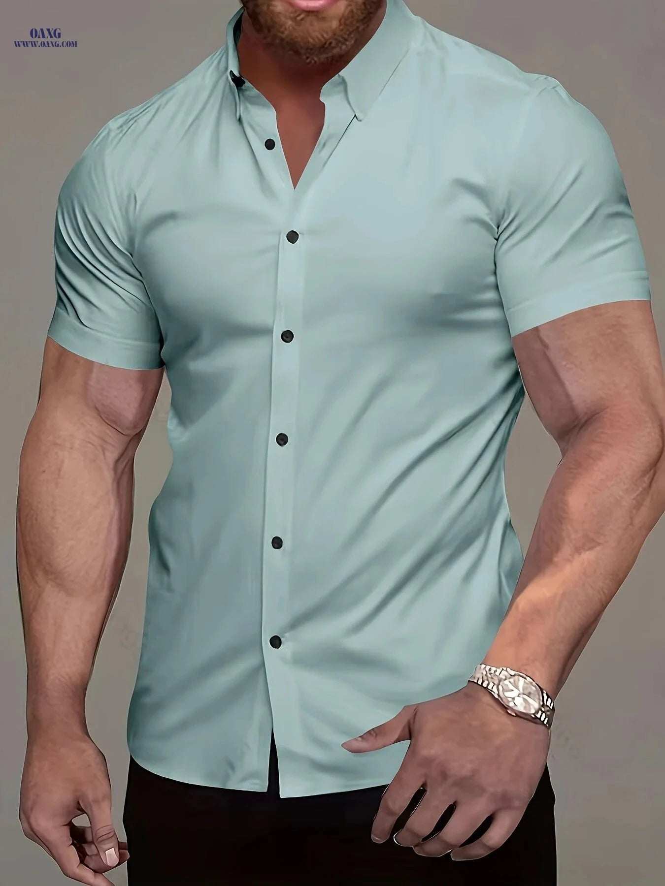 Muscle Man Short Sleeve Lapel Shirt - Solid Color, Non-Iron, Summer   OAXG 
