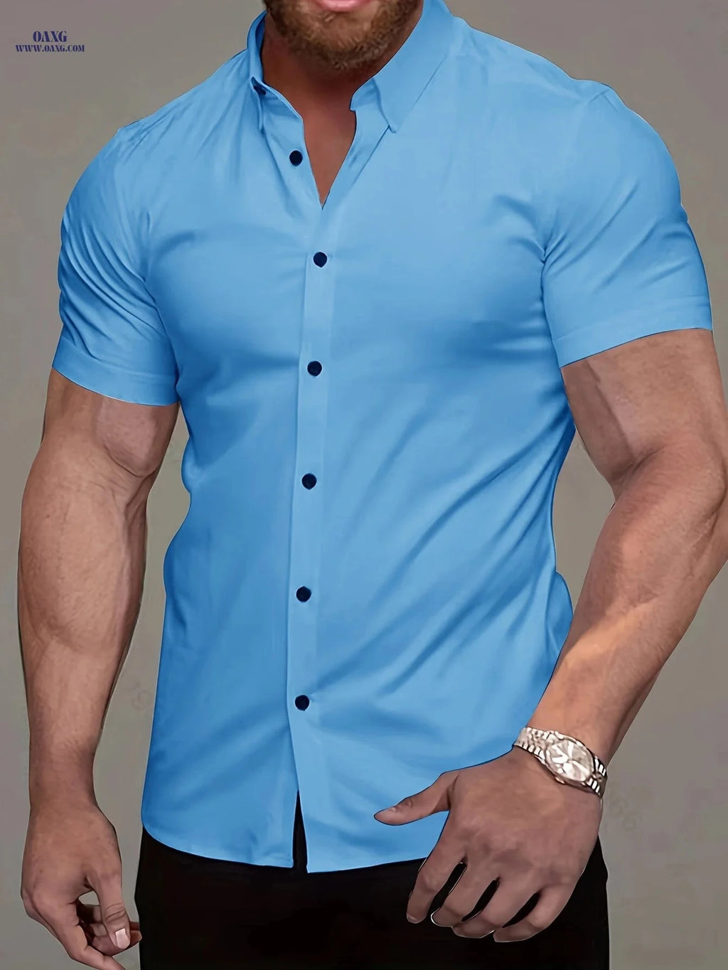 Muscle Man Short Sleeve Lapel Shirt - Solid Color, Non-Iron, Summer   OAXG 