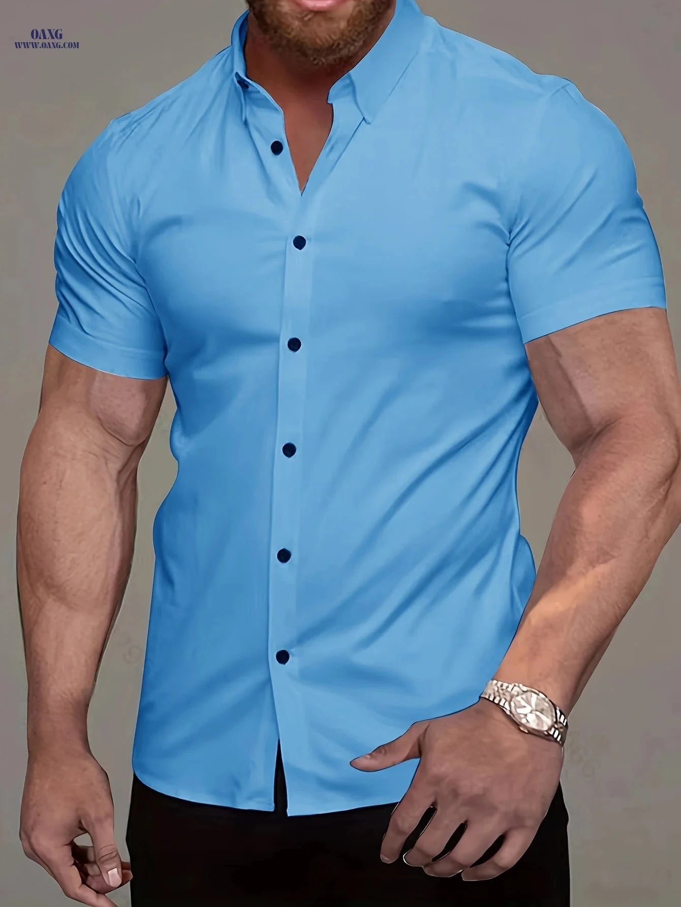 Muscle Man Short Sleeve Lapel Shirt - Solid Color, Non-Iron, Summer   OAXG 