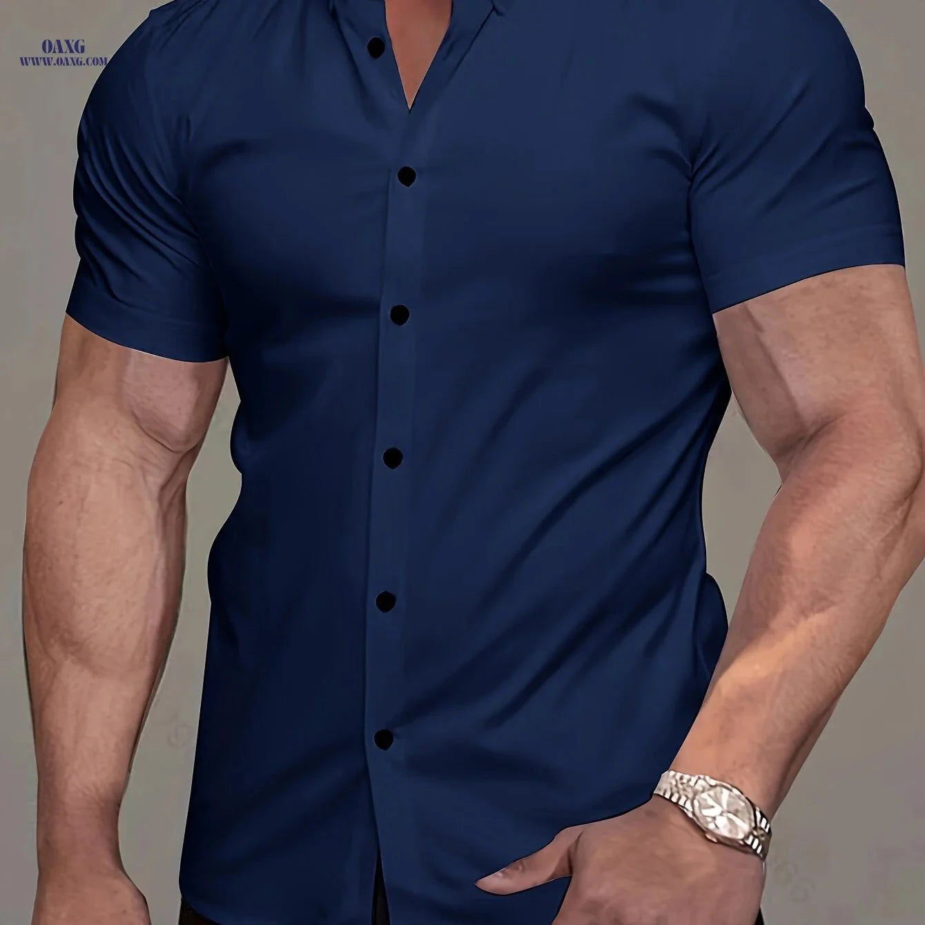 Muscle Man Short Sleeve Lapel Shirt - Solid Color, Non-Iron, Summer   OAXG 
