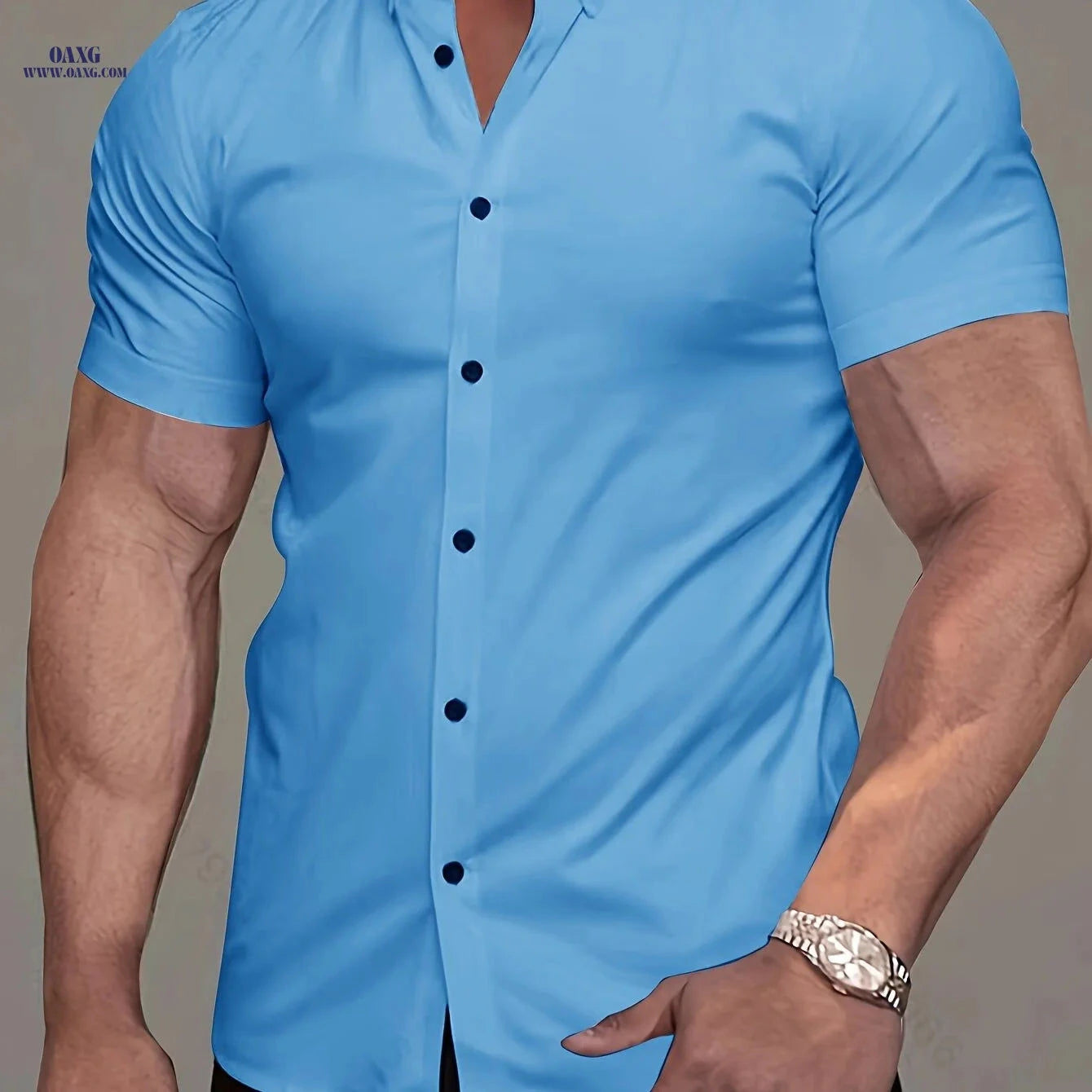 Muscle Man Short Sleeve Lapel Shirt - Solid Color, Non-Iron, Summer   OAXG 