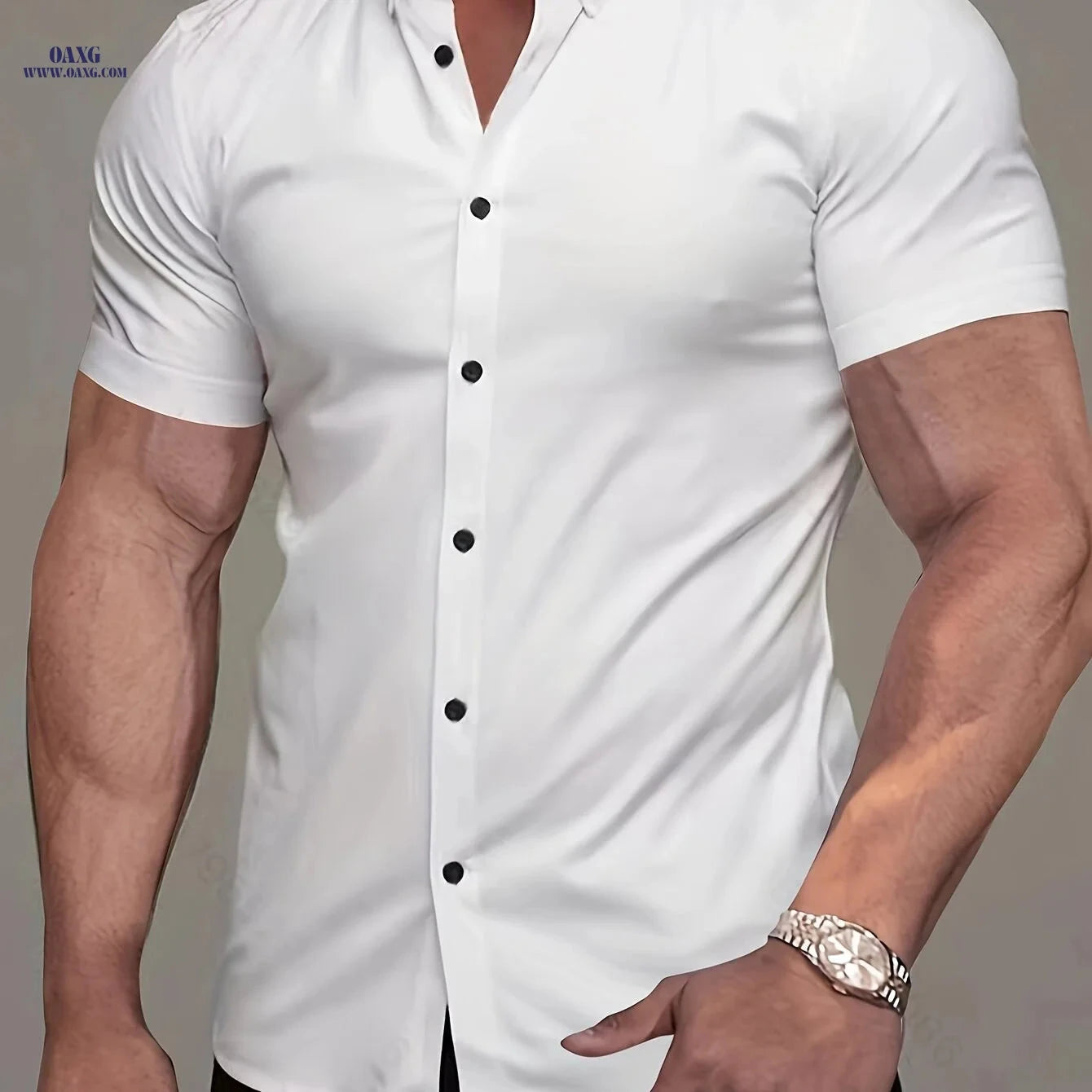 Muscle Man Short Sleeve Lapel Shirt - Solid Color, Non-Iron, Summer   OAXG White / FR M