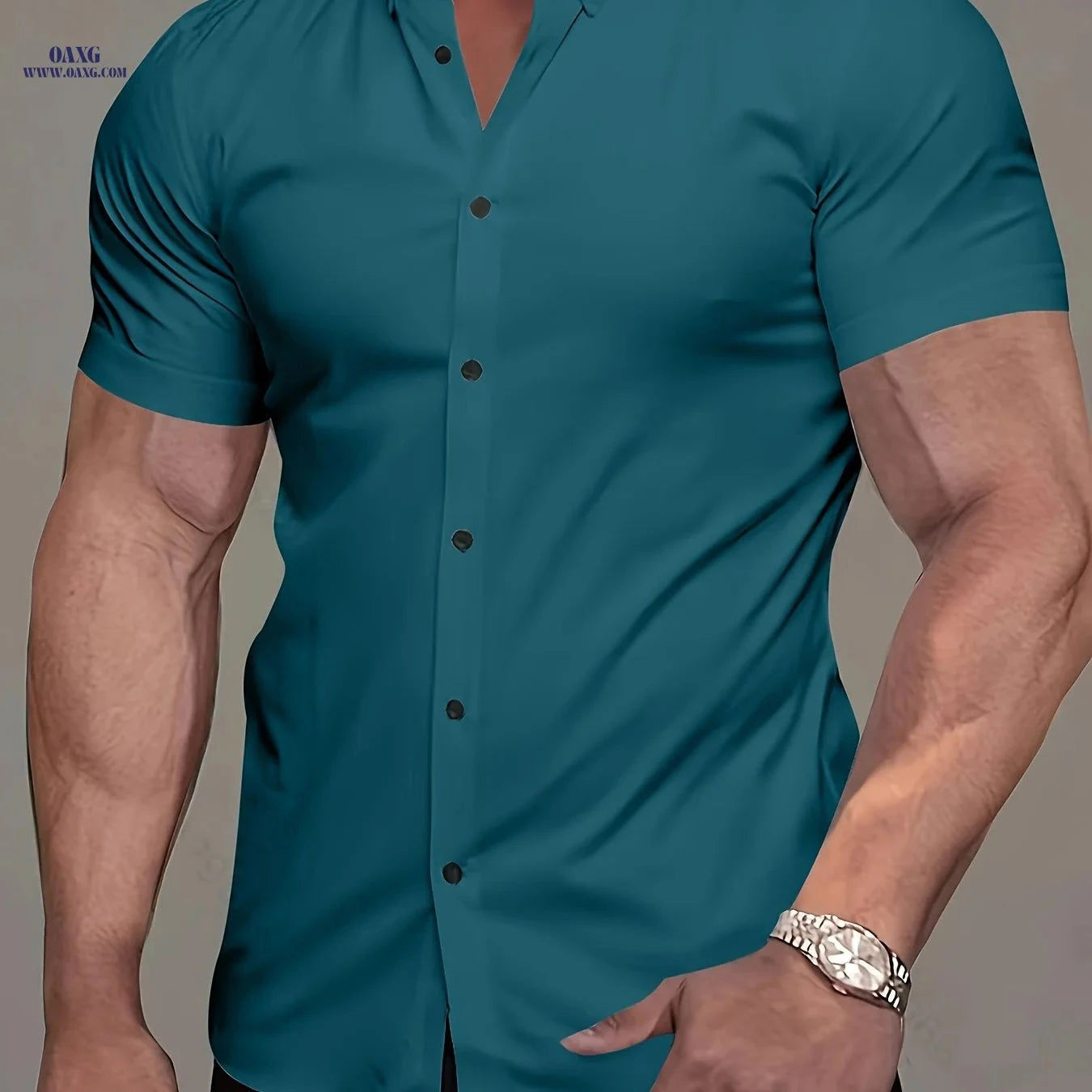 Muscle Man Short Sleeve Lapel Shirt - Solid Color, Non-Iron, Summer   OAXG 