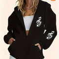 Musical Note Print Zip-Up Hooded Sweatshirt, Casual Zip-Up Long Sleeve Hoodie - Polyester Fabric, Perfect Choice for Autumn and Winter. Comfortable Women's Zip-Up Hooded Sweatshirt, Stylish for Women - Soft and Breathable, Machine Washable Long