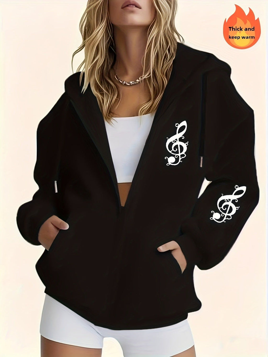 Musical Note Print Zip-Up Hooded Sweatshirt, Casual Zip-Up Long Sleeve Hoodie - Polyester Fabric, Perfect Choice for Autumn and Winter. Comfortable Women's Zip-Up Hooded Sweatshirt, Stylish for Women - Soft and Breathable, Machine Washable Long