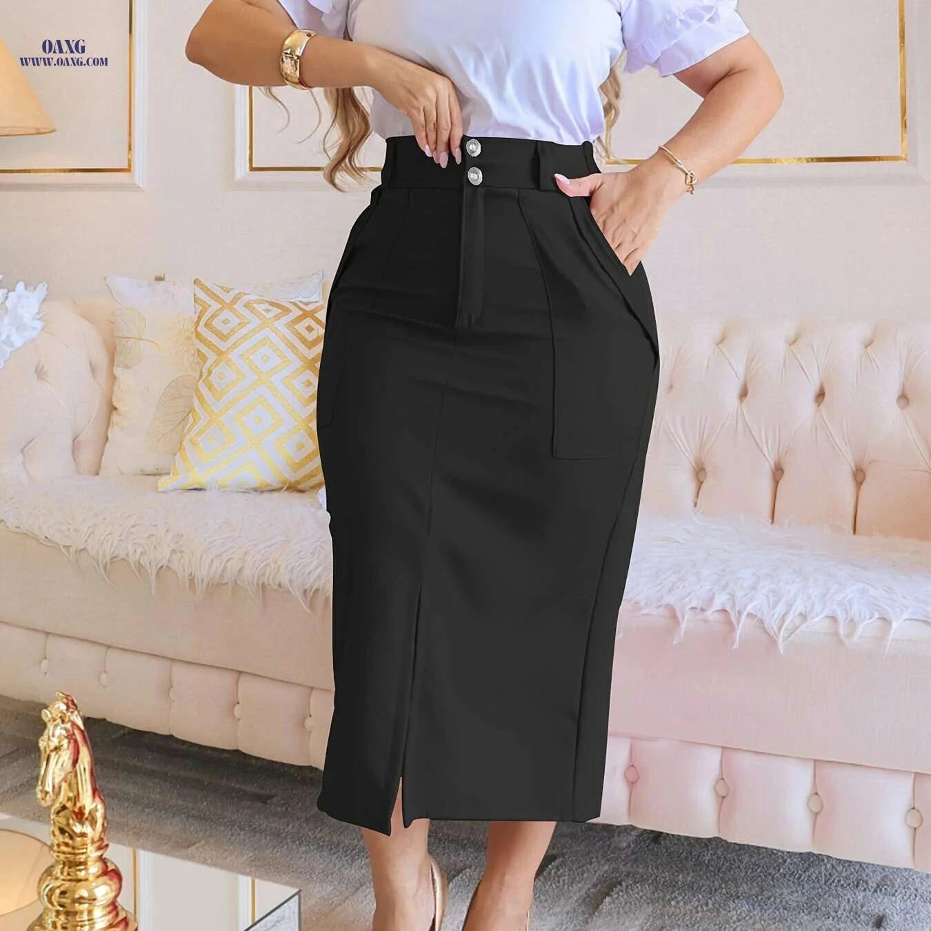 Mustard-Yellow Pencil Skirt - Adjustable Fit, Pocket & Slit Design   OAXG Rose Red / S