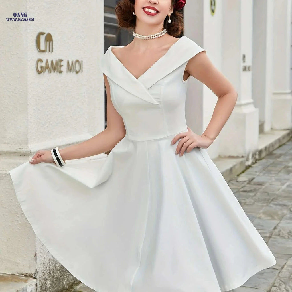 MUXXN Vintage 1950s A-Line Swing Dress - Elegant V-Neck, Long Sleeve   OAXG 
