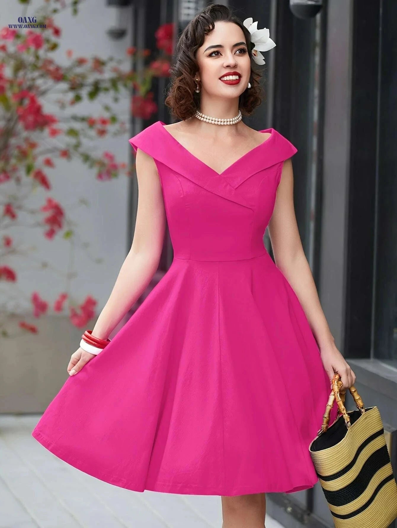 MUXXN Vintage 1950s A-Line Swing Dress - Elegant V-Neck, Long Sleeve   OAXG White / XS