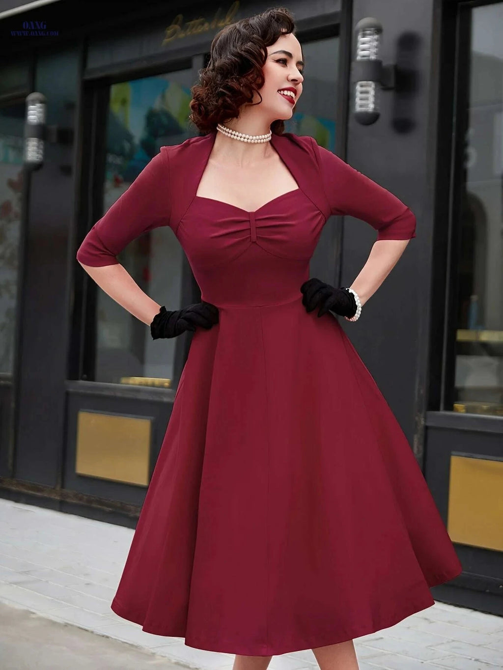 MUXXN Vintage Red Midi Dress - Elegant Plus Size A-Line Style   OAXG 