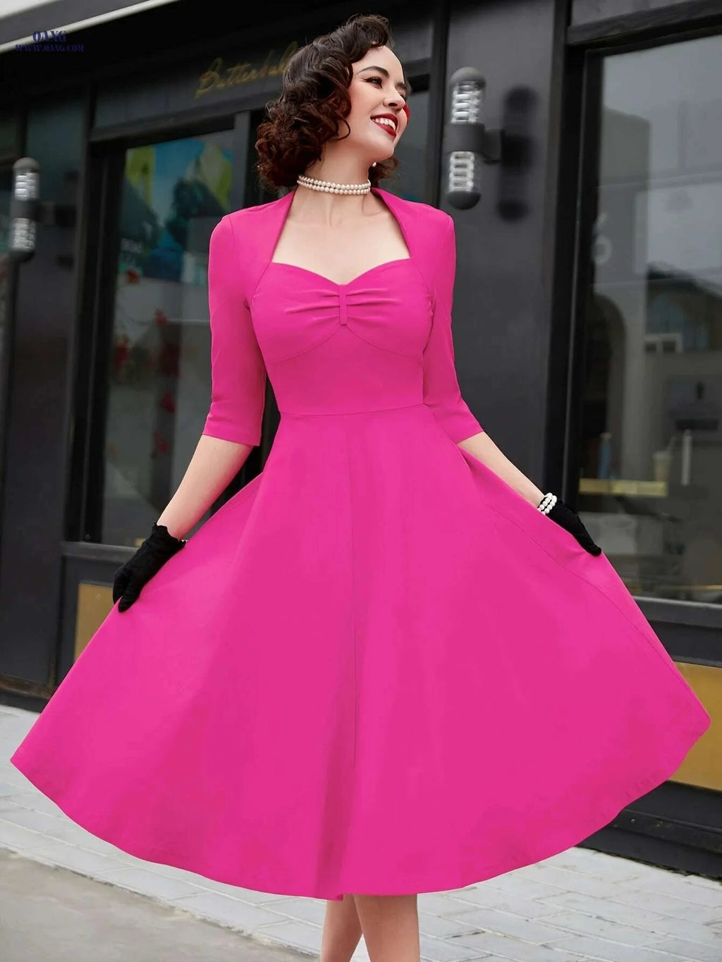 MUXXN Vintage Red Midi Dress - Elegant Plus Size A-Line Style   OAXG 