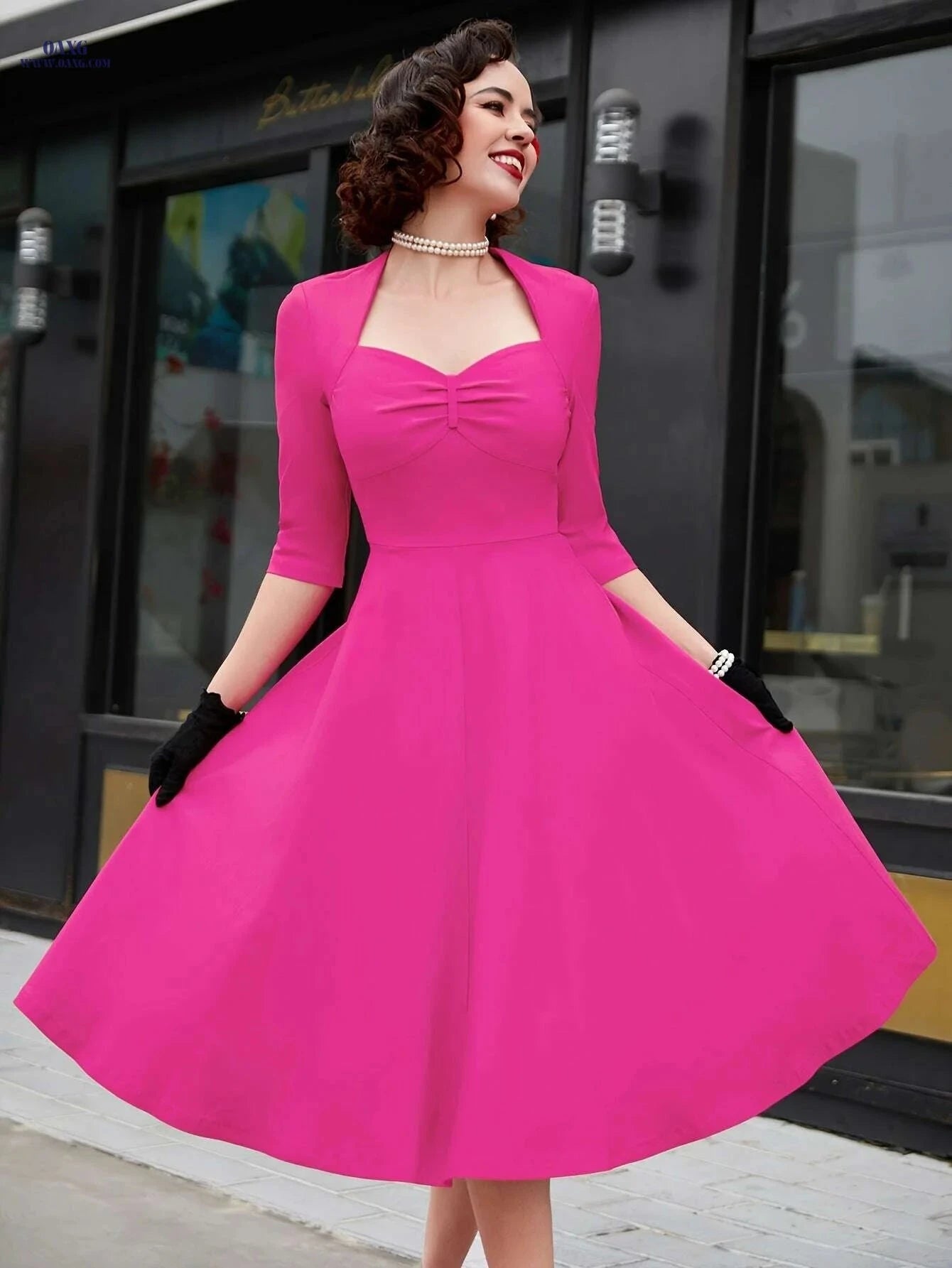 MUXXN Vintage Red Midi Dress - Elegant Plus Size A-Line Style   OAXG 