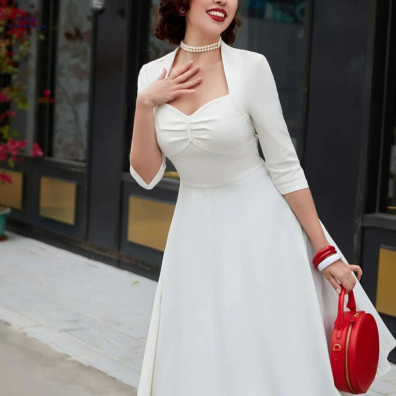 MUXXN Vintage Red Midi Dress - Elegant Plus Size A-Line Style   OAXG 