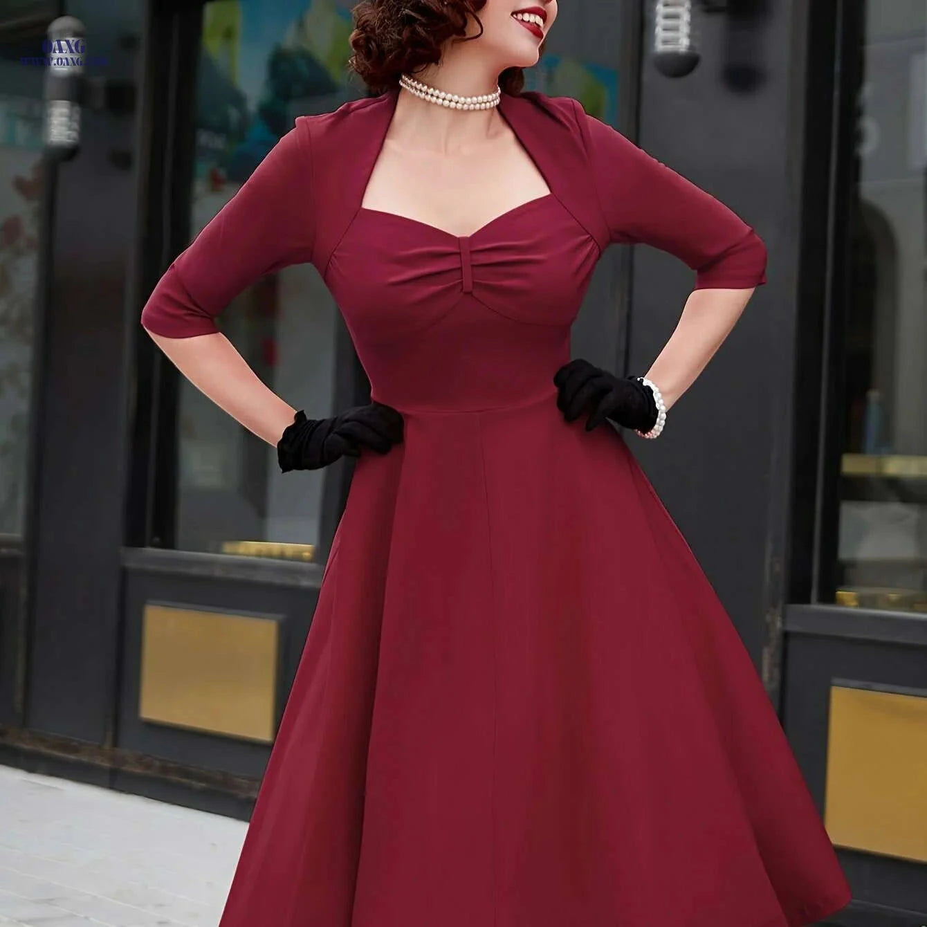 MUXXN Vintage Red Midi Dress - Elegant Plus Size A-Line Style   OAXG 
