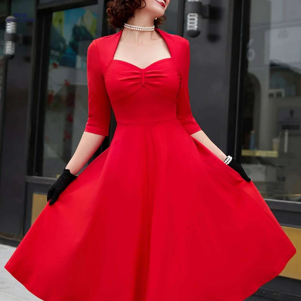 MUXXN Vintage Red Midi Dress - Elegant Plus Size A-Line Style   OAXG 