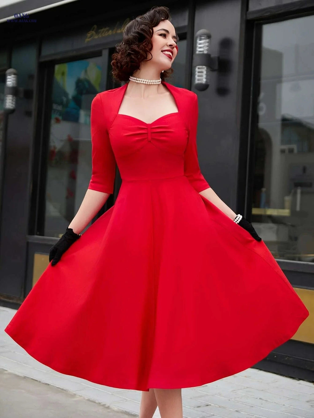 MUXXN Vintage Red Midi Dress - Elegant Plus Size A-Line Style   OAXG 