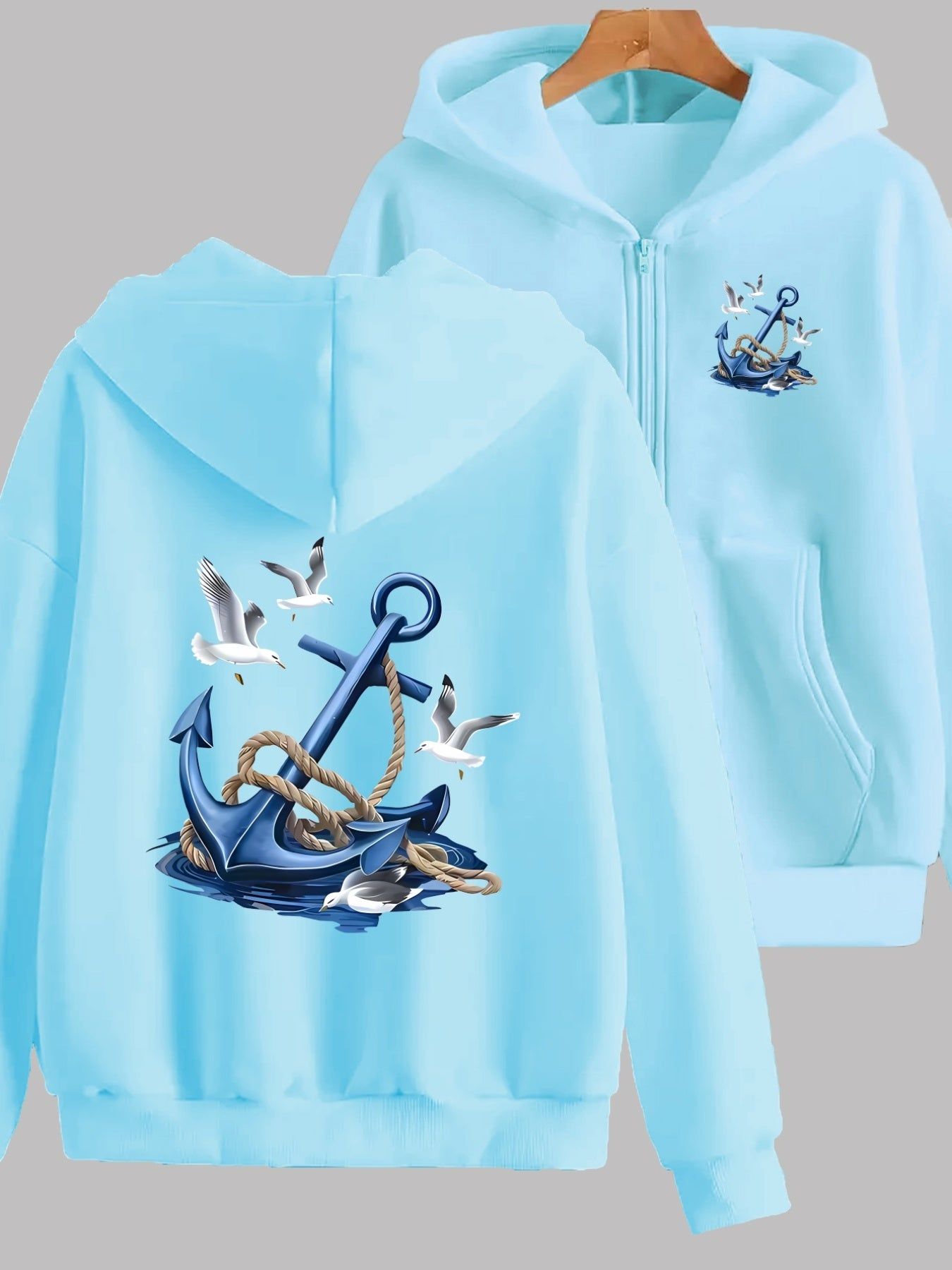 Nautical Anchor and Seagull Pattern Print Design on Front and Back - Y2K Casual Style Zip-up Hoodie - Fashionable and Comfortable Zip Jacket - Casual Sportswear Suitable for All Seasons - Fashionable Casual Jacket | Comfortable Fabric   OAXG