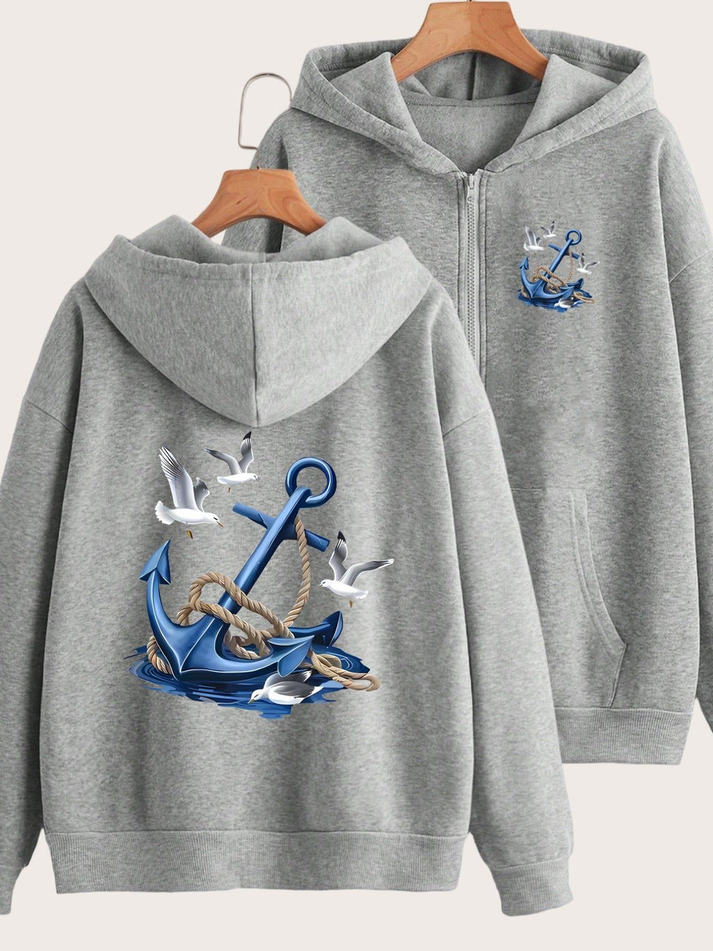 Nautical Anchor and Seagull Pattern Print Design on Front and Back - Y2K Casual Style Zip-up Hoodie - Fashionable and Comfortable Zip Jacket - Casual Sportswear Suitable for All Seasons - Fashionable Casual Jacket | Comfortable Fabric   OAXG