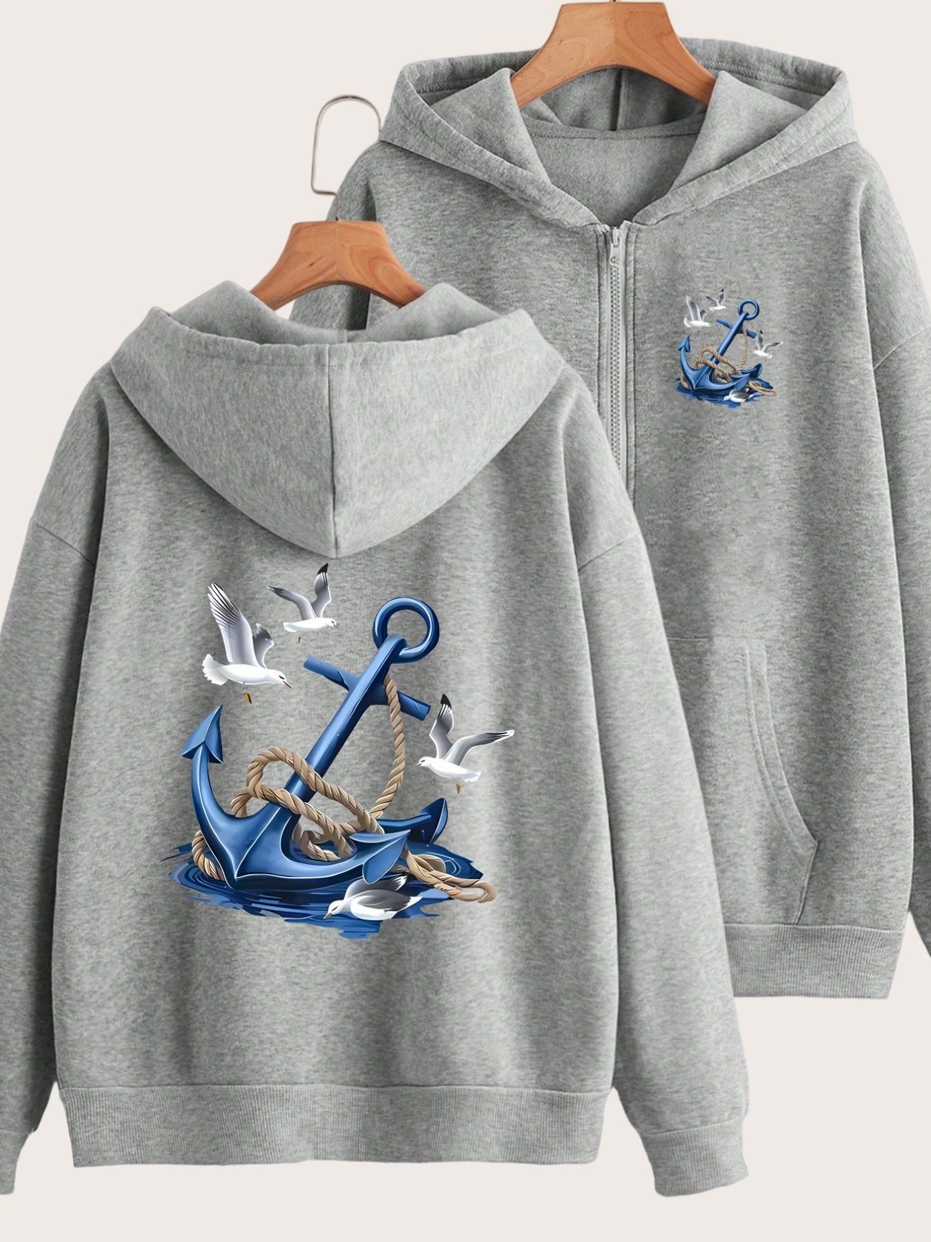 Nautical Anchor and Seagull Pattern Print Design on Front and Back - Y2K Casual Style Zip-up Hoodie - Fashionable and Comfortable Zip Jacket - Casual Sportswear Suitable for All Seasons - Fashionable Casual Jacket | Comfortable Fabric   OAXG