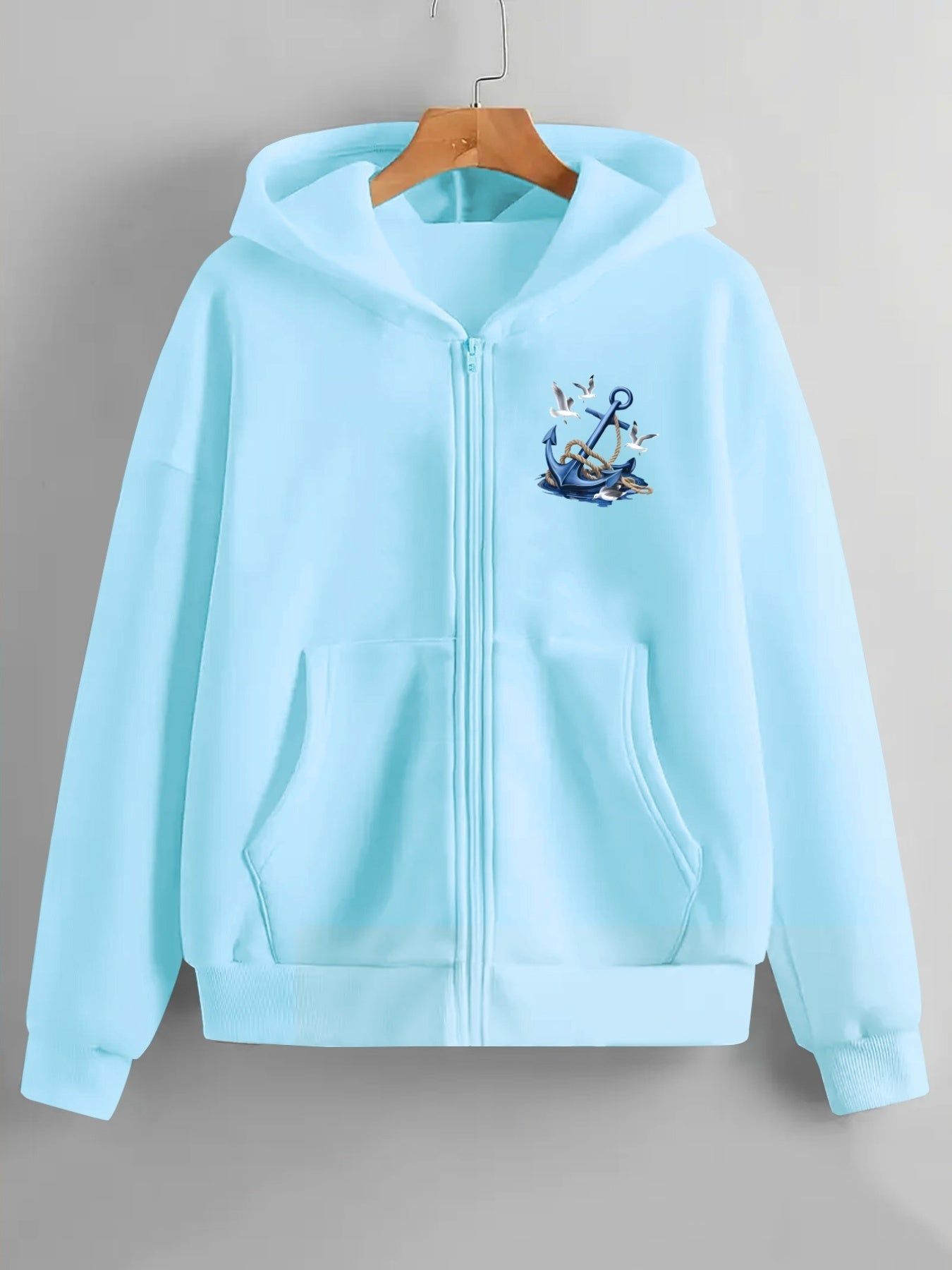 Nautical Anchor and Seagull Pattern Print Design on Front and Back - Y2K Casual Style Zip-up Hoodie - Fashionable and Comfortable Zip Jacket - Casual Sportswear Suitable for All Seasons - Fashionable Casual Jacket | Comfortable Fabric   OAXG