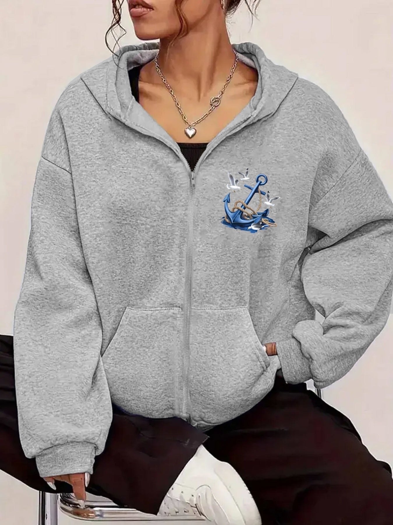 Nautical Anchor and Seagull Pattern Print Design on Front and Back - Y2K Casual Style Zip-up Hoodie - Fashionable and Comfortable Zip Jacket - Casual Sportswear Suitable for All Seasons - Fashionable Casual Jacket | Comfortable Fabric   OAXG