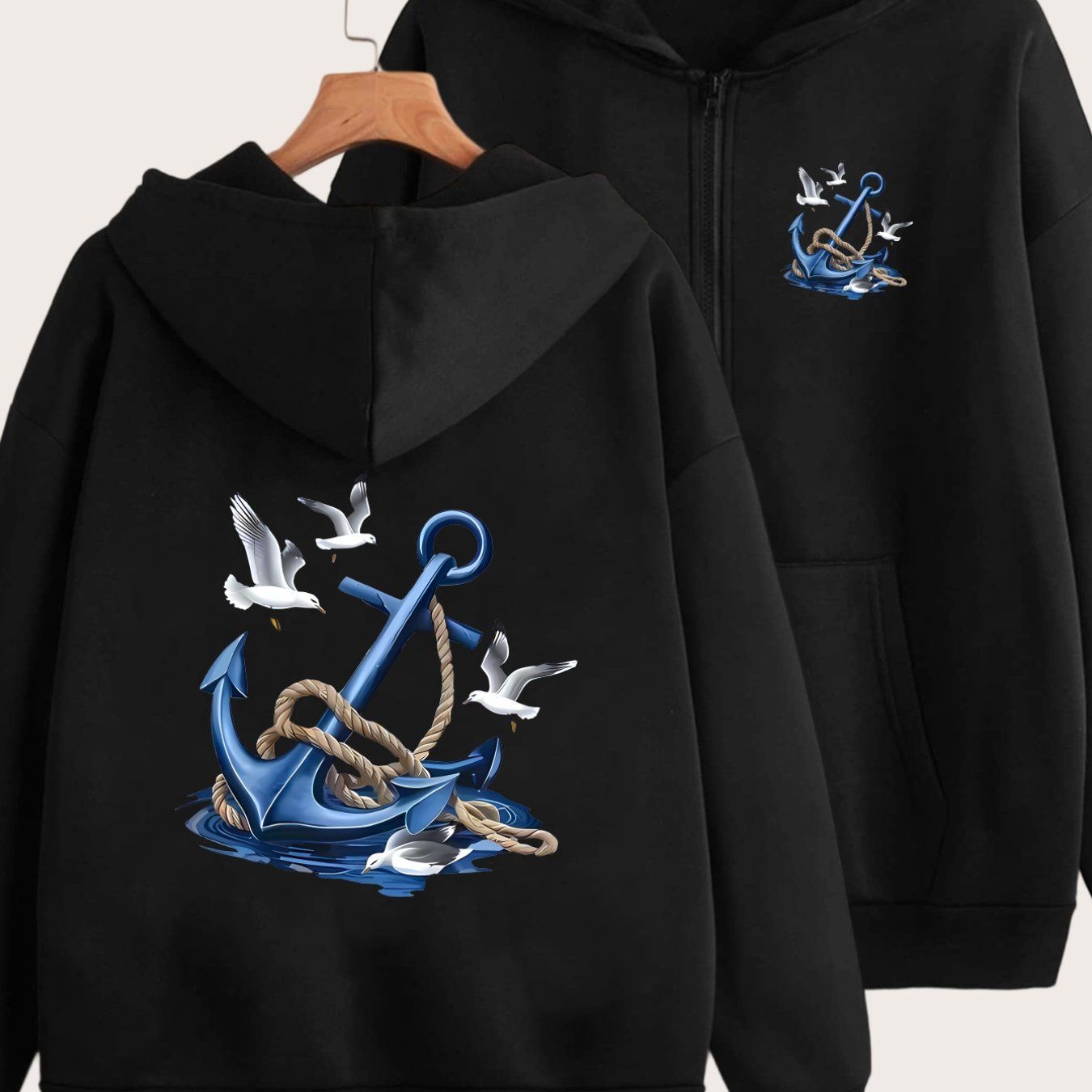 Nautical Anchor and Seagull Pattern Print Design on Front and Back - Y2K Casual Style Zip-up Hoodie - Fashionable and Comfortable Zip Jacket - Casual Sportswear Suitable for All Seasons - Fashionable Casual Jacket | Comfortable Fabric   OAXG