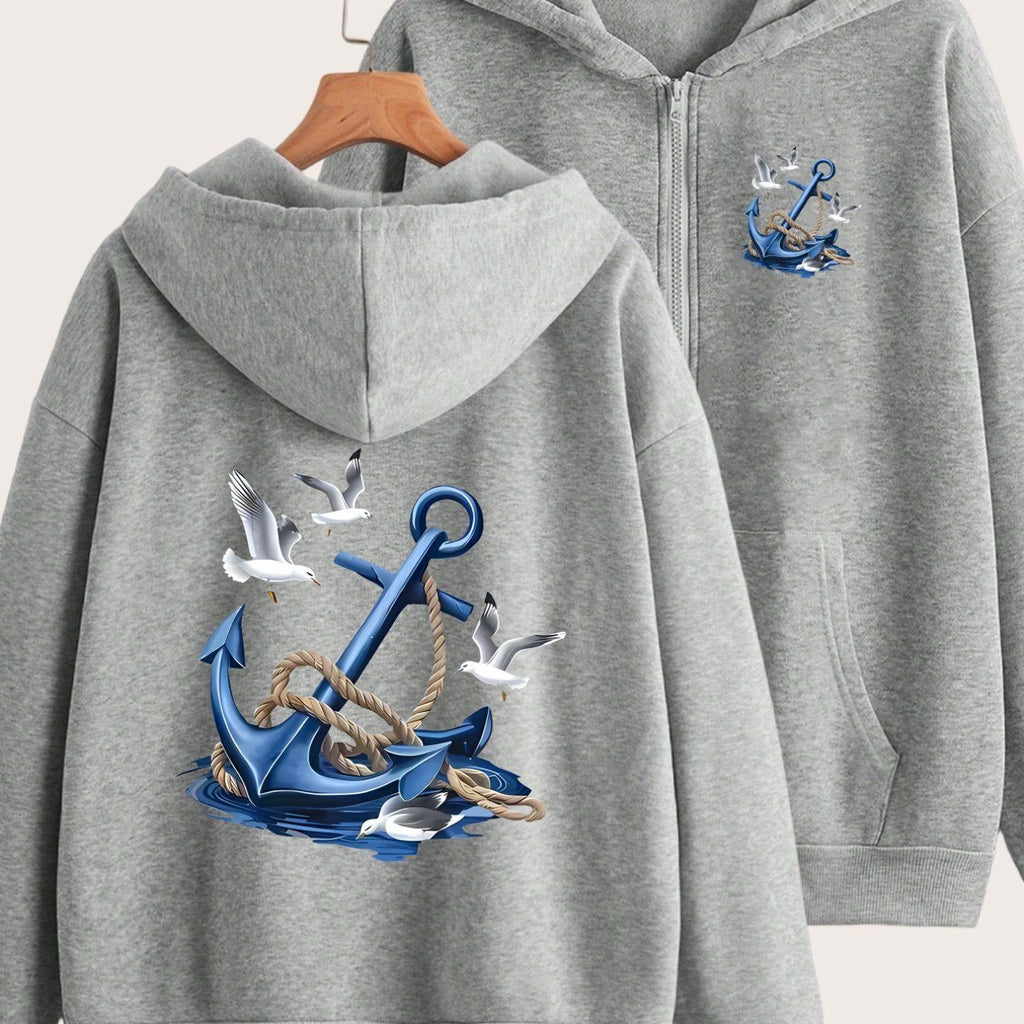 Nautical Anchor and Seagull Pattern Print Design on Front and Back - Y2K Casual Style Zip-up Hoodie - Fashionable and Comfortable Zip Jacket - Casual Sportswear Suitable for All Seasons - Fashionable Casual Jacket | Comfortable Fabric   OAXG