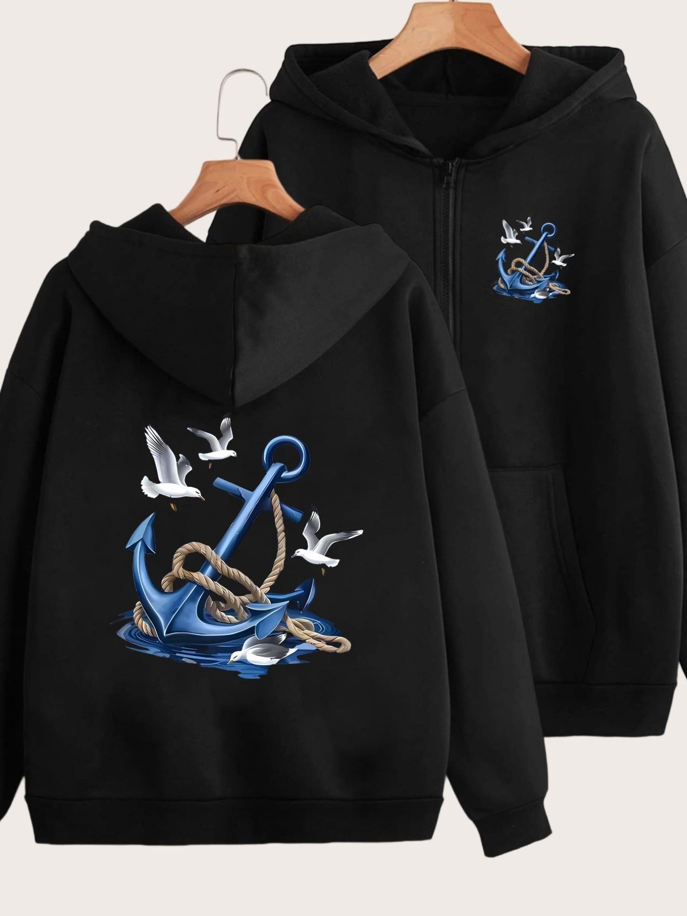 Nautical Anchor and Seagull Pattern Print Design on Front and Back - Y2K Casual Style Zip-up Hoodie - Fashionable and Comfortable Zip Jacket - Casual Sportswear Suitable for All Seasons - Fashionable Casual Jacket | Comfortable Fabric   OAXG