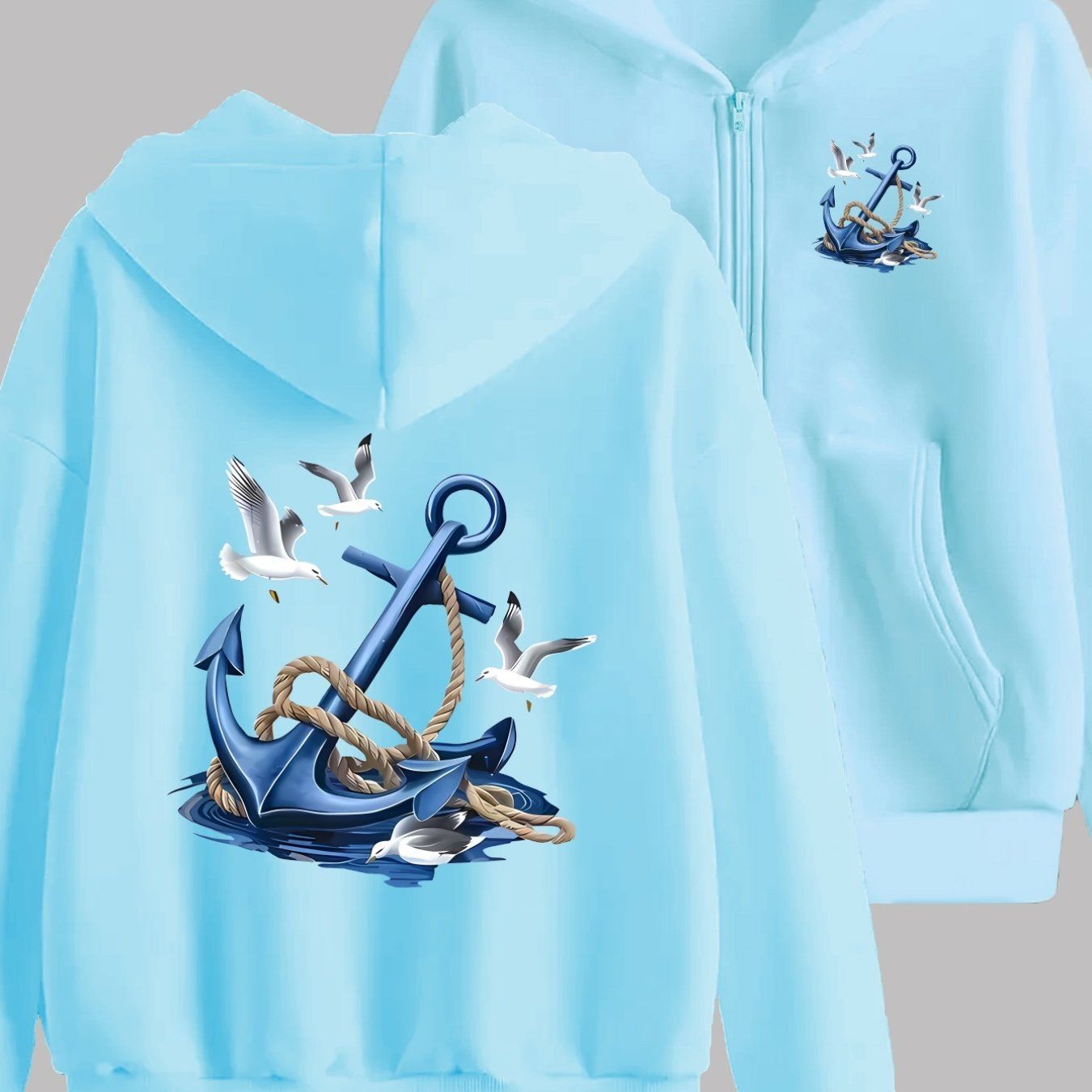 Nautical Anchor and Seagull Pattern Print Design on Front and Back - Y2K Casual Style Zip-up Hoodie - Fashionable and Comfortable Zip Jacket - Casual Sportswear Suitable for All Seasons - Fashionable Casual Jacket | Comfortable Fabric   OAXG
