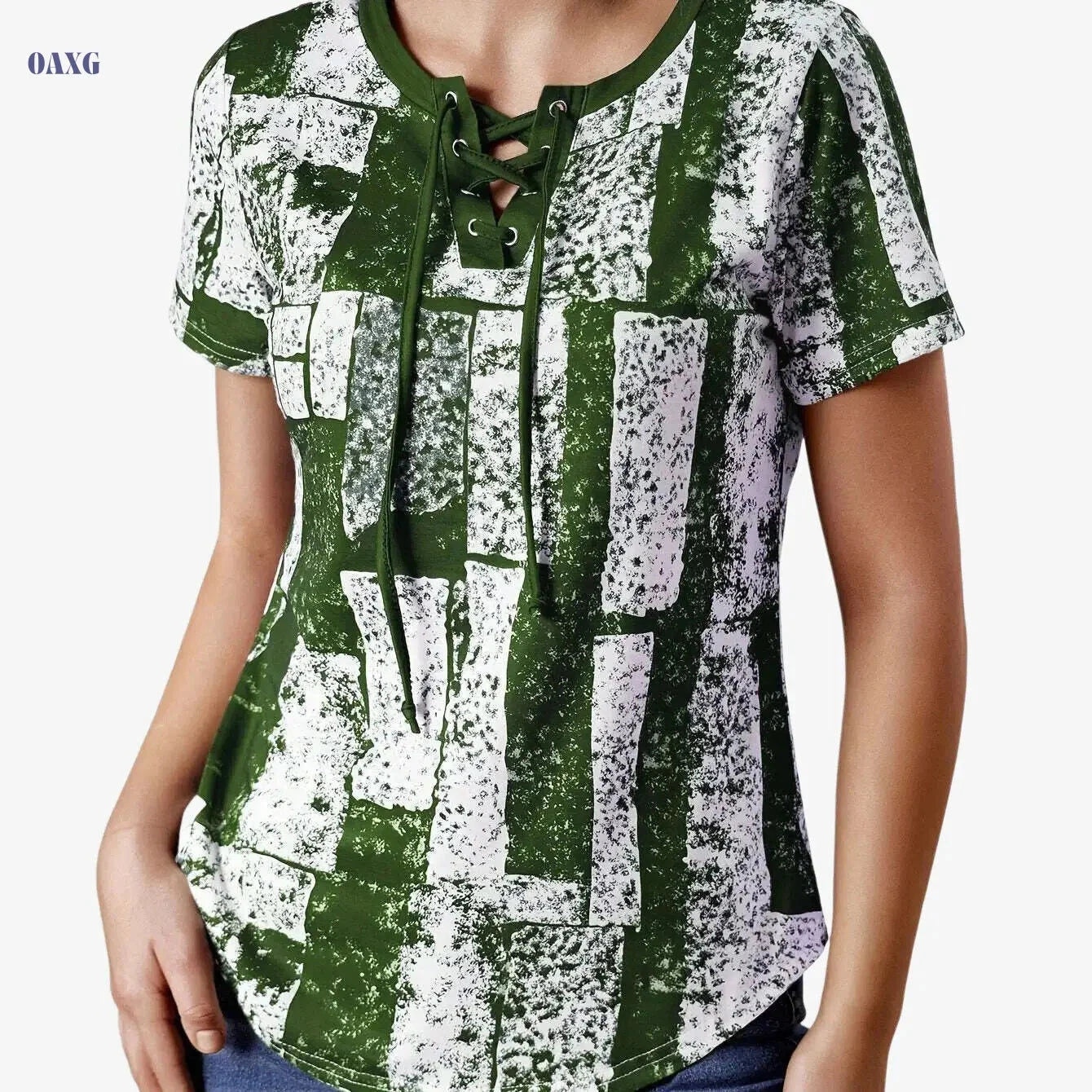 Navy Blue Geometric Print V-Neck T-Shirt - Women's Casual Summer Top   OAXG 