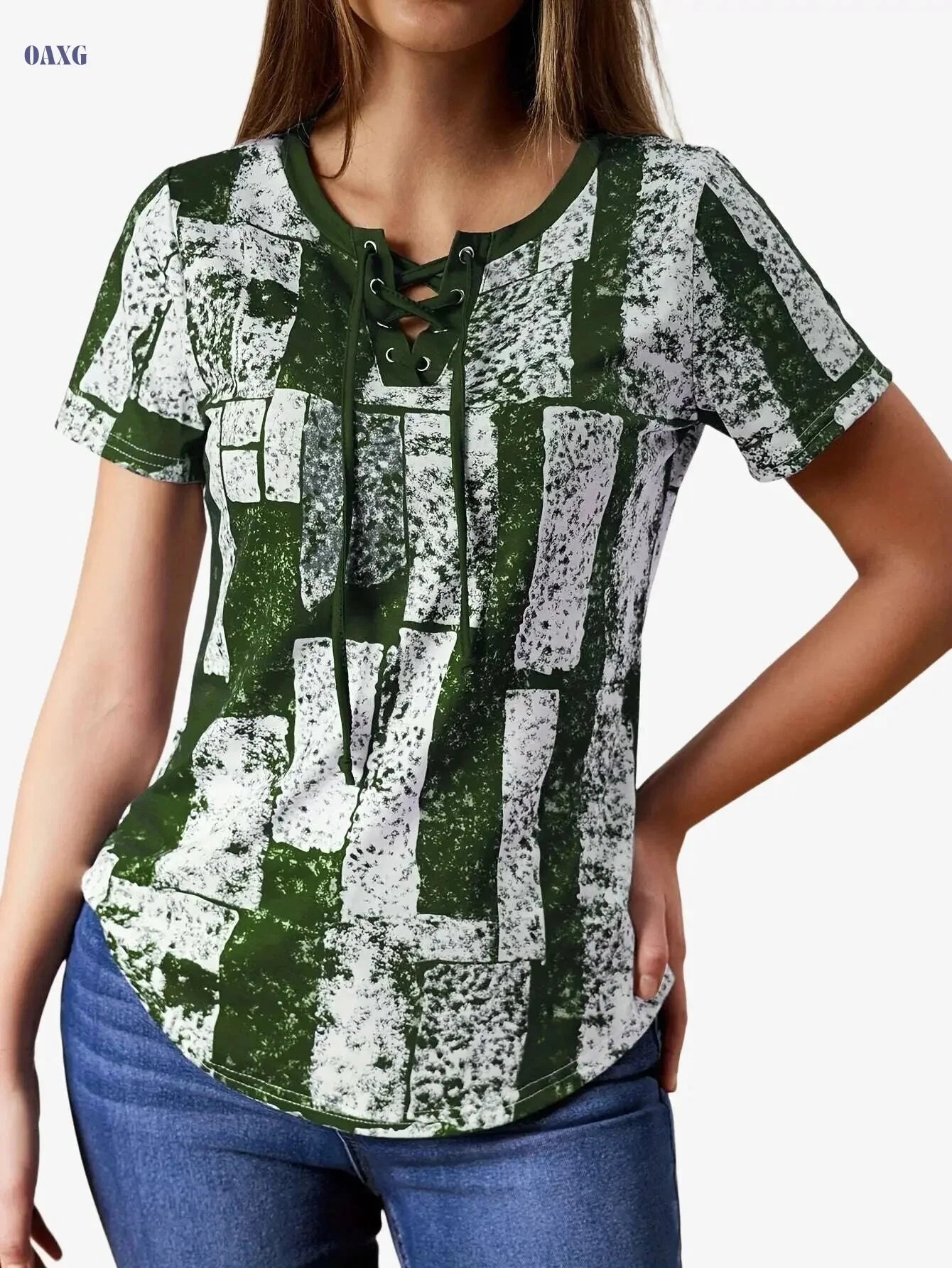Navy Blue Geometric Print V-Neck T-Shirt - Women's Casual Summer Top   OAXG 