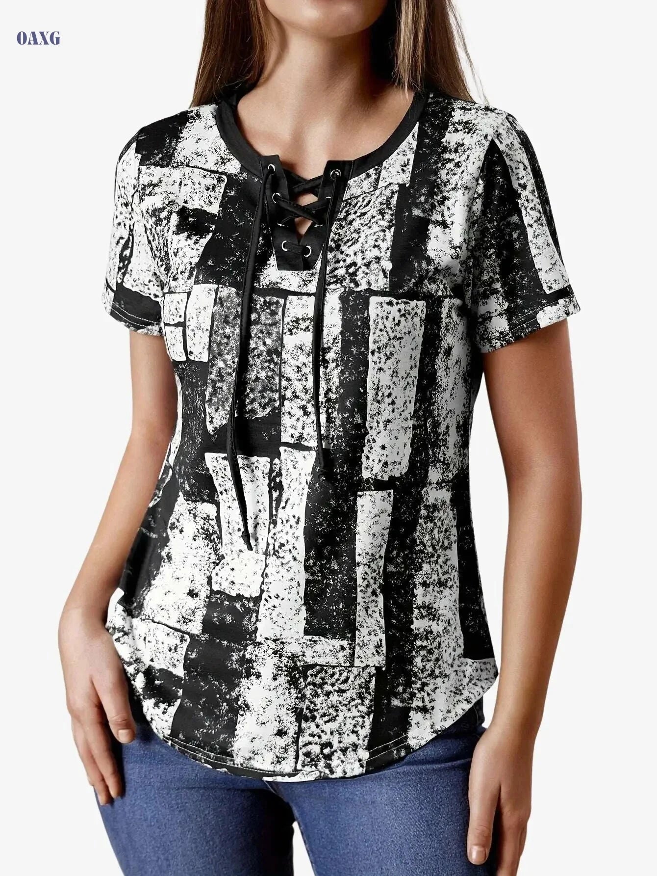 Navy Blue Geometric Print V-Neck T-Shirt - Women's Casual Summer Top   OAXG Mixed Color / S