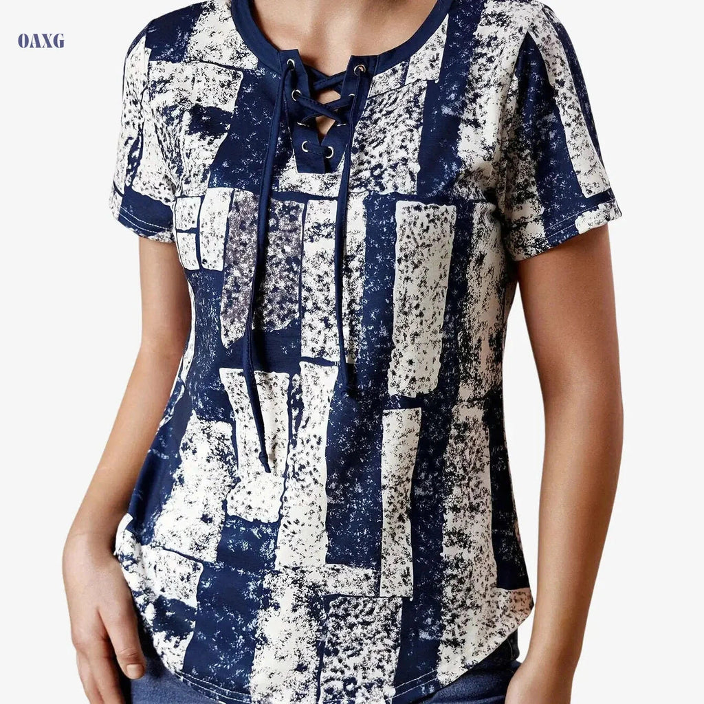 Navy Blue Geometric Print V-Neck T-Shirt - Women's Casual Summer Top   OAXG Mixed Color / S