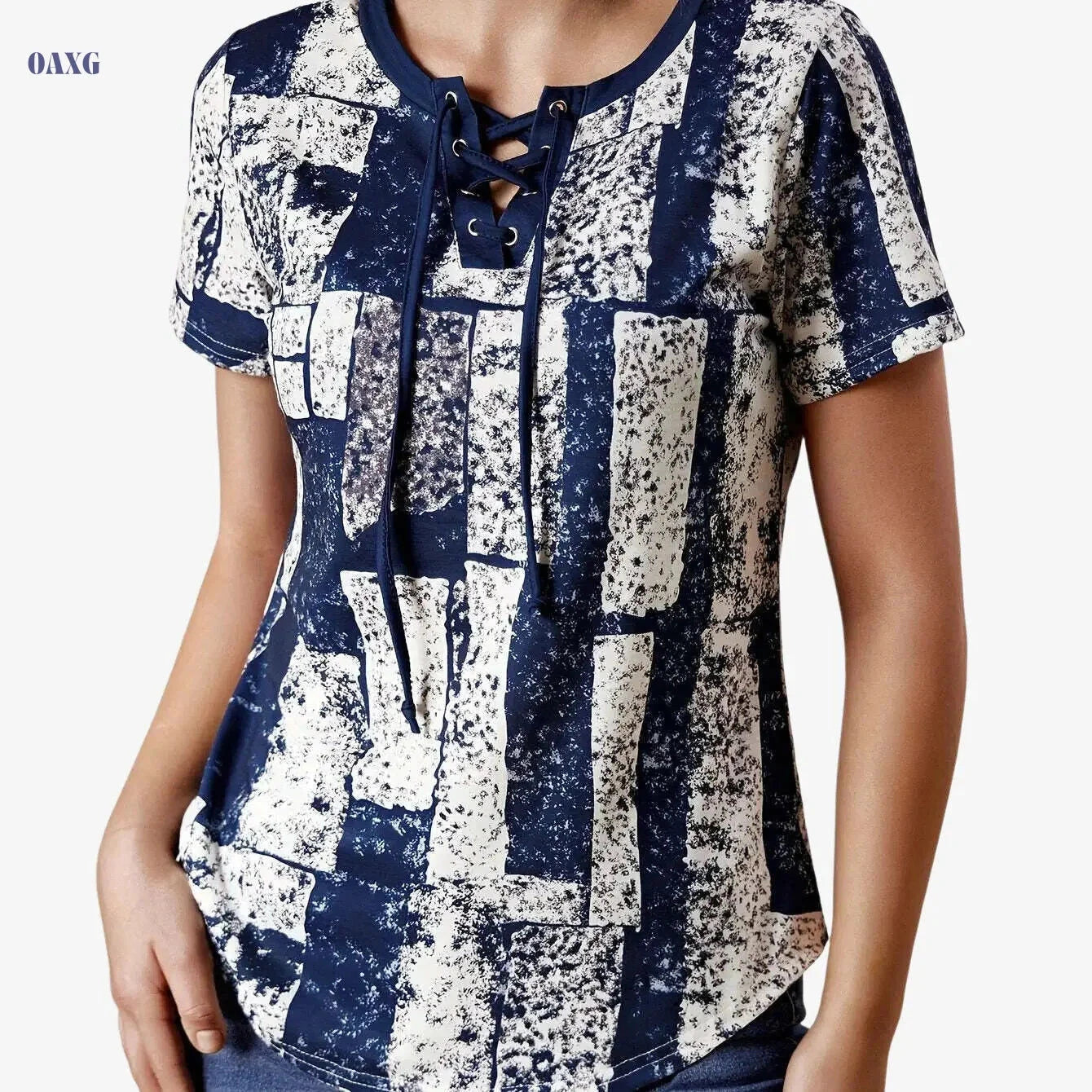 Navy Blue Geometric Print V-Neck T-Shirt - Women's Casual Summer Top   OAXG Mixed Color / S