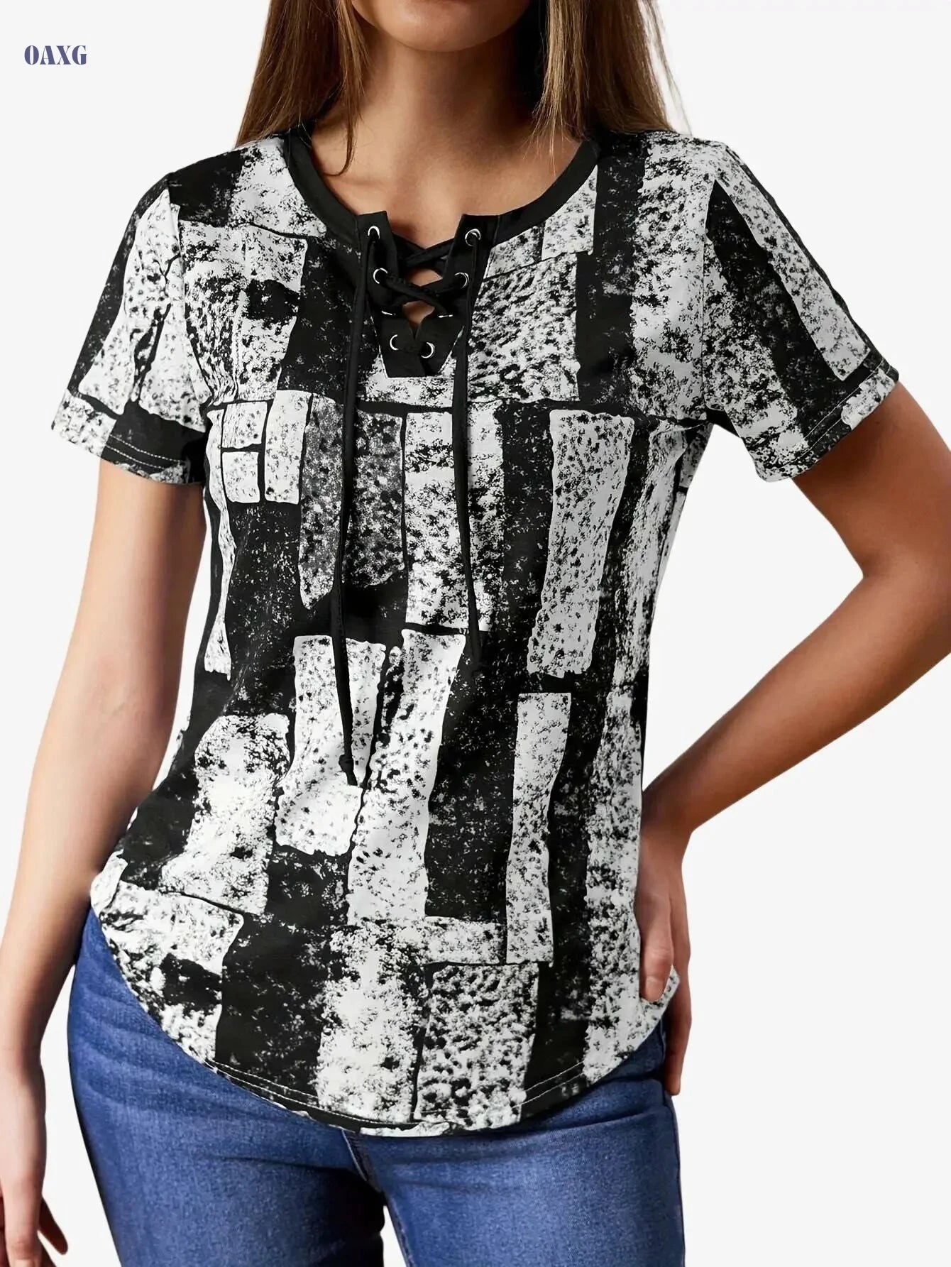 Navy Blue Geometric Print V-Neck T-Shirt - Women's Casual Summer Top   OAXG Mixed Color / S