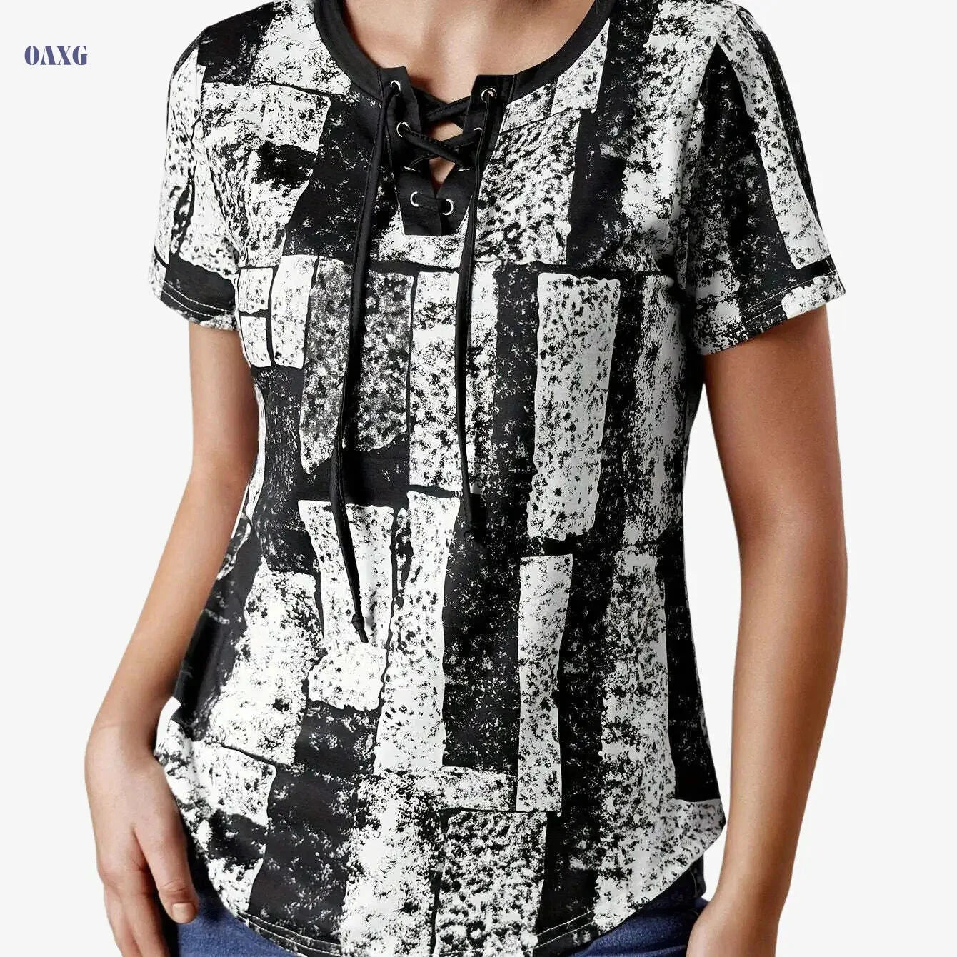 Navy Blue Geometric Print V-Neck T-Shirt - Women's Casual Summer Top   OAXG Mixed Color / S