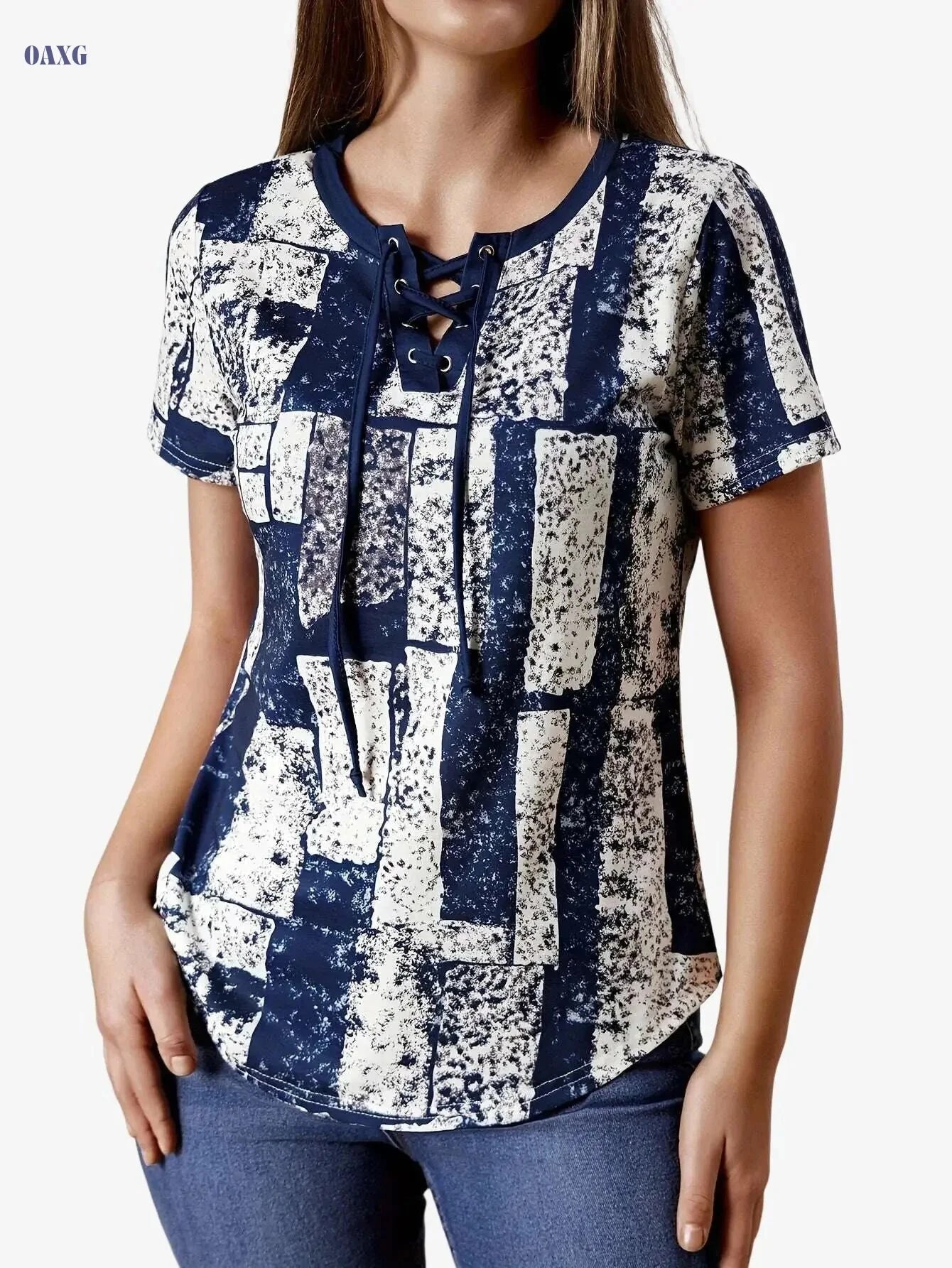 Navy Blue Geometric Print V-Neck T-Shirt - Women's Casual Summer Top   OAXG Mixed Color / S