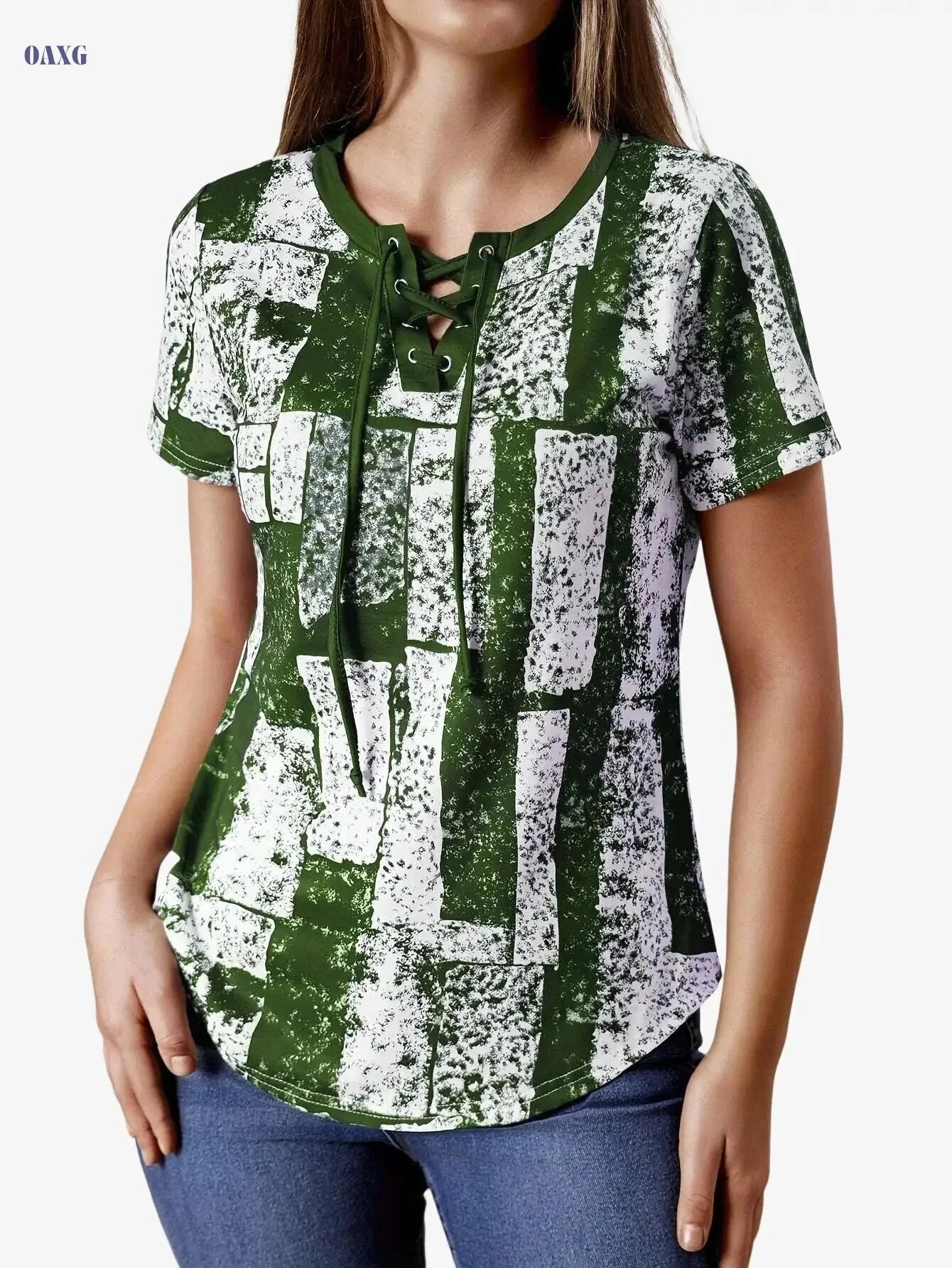 Navy Blue Geometric Print V-Neck T-Shirt - Women's Casual Summer Top   OAXG Mixed Color / S