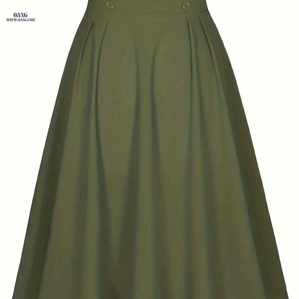 Navy Classic Flared Midi Skirt - 100% Polyester, Spring Fashion   OAXG 