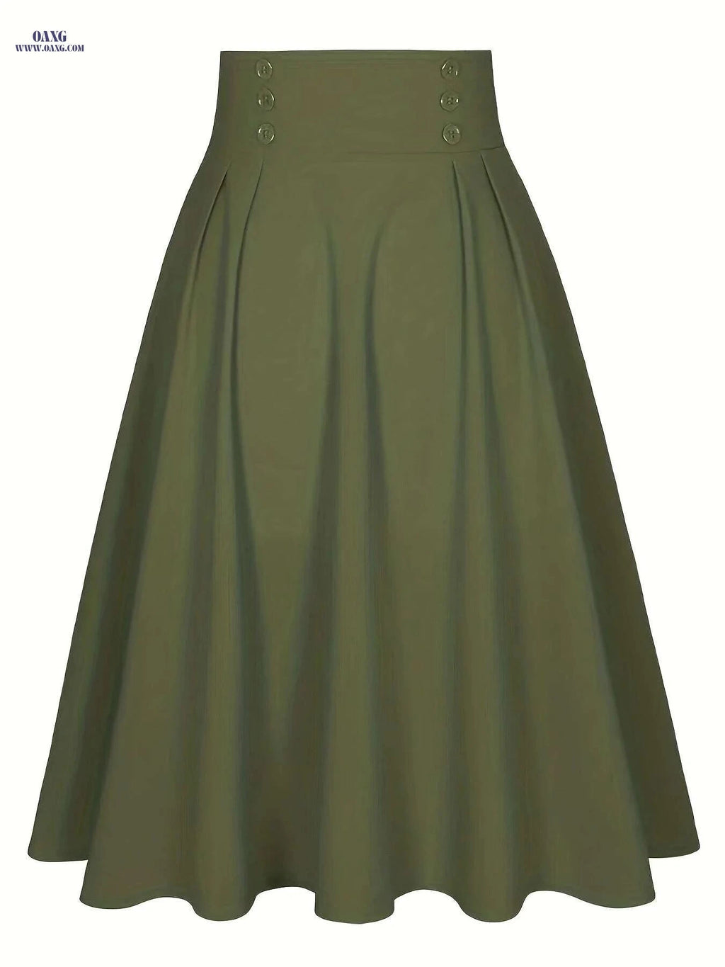 Navy Classic Flared Midi Skirt - 100% Polyester, Spring Fashion   OAXG Army Green / M