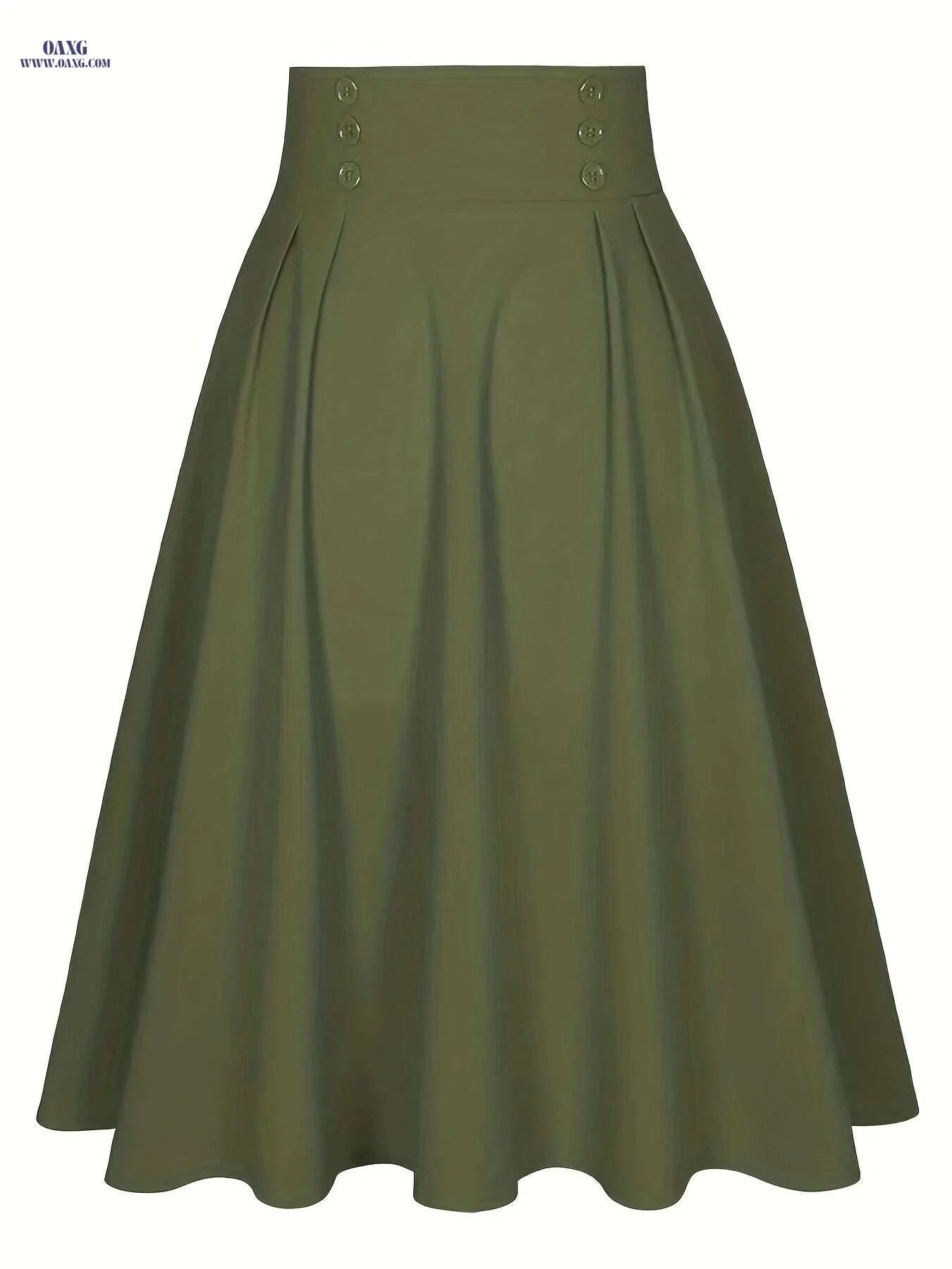 Navy Classic Flared Midi Skirt - 100% Polyester, Spring Fashion   OAXG Army Green / M