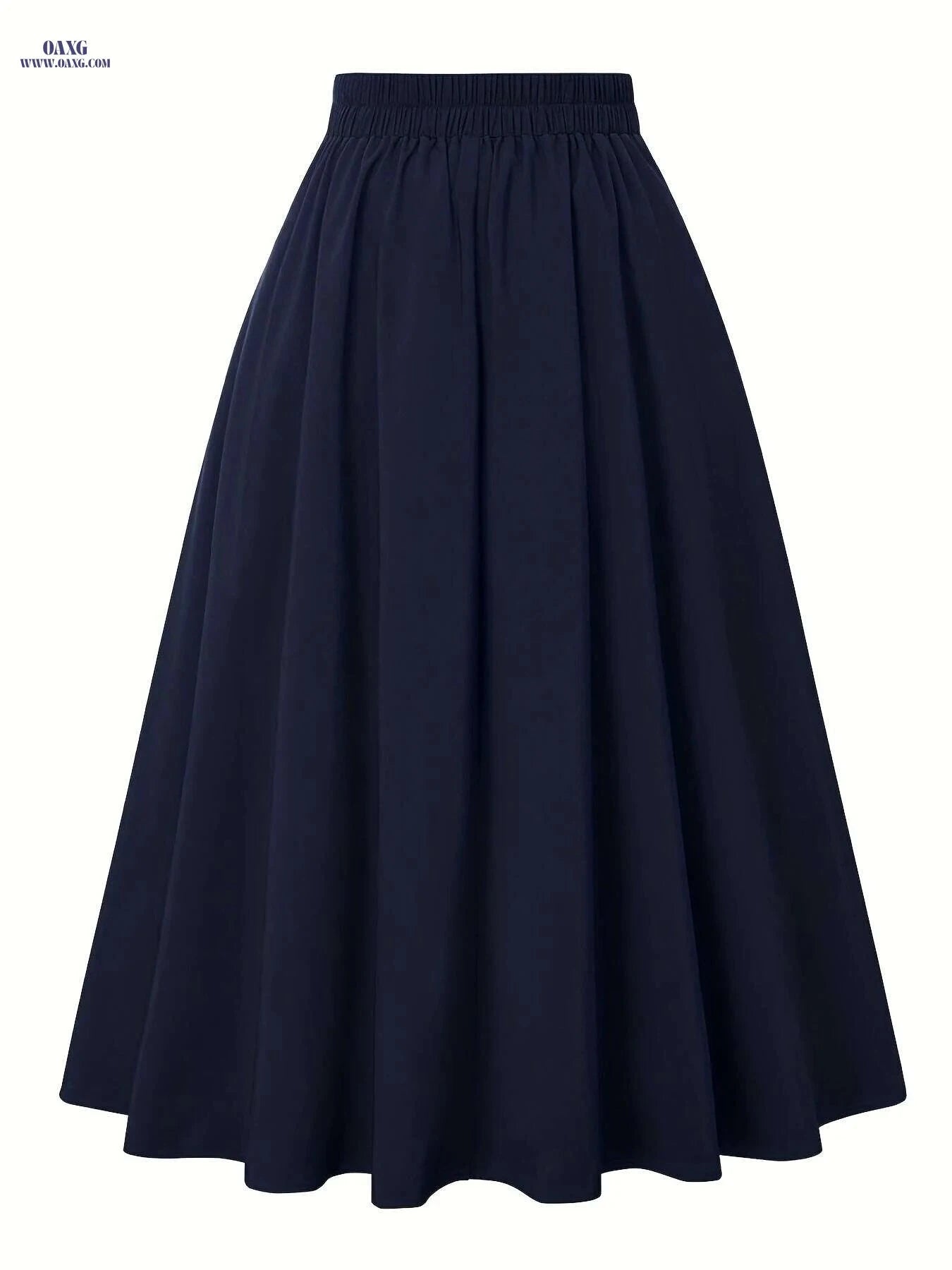 Navy Classic Flared Midi Skirt - 100% Polyester, Spring Fashion   OAXG 