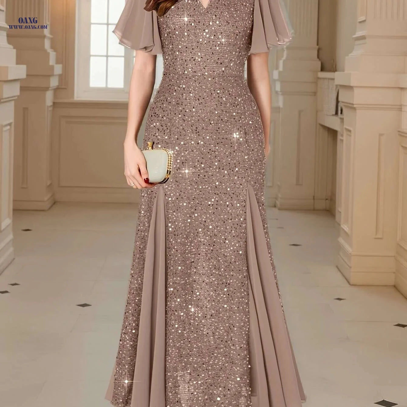 Navy Red Sequin Lace Evening Maxi Dress - Sweetheart Neckline & Ruffles   OAXG 