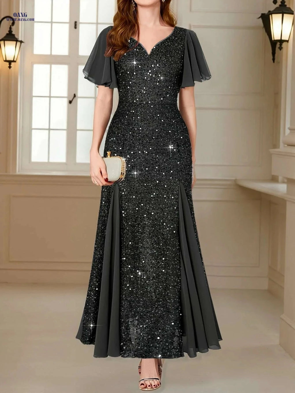 Navy Red Sequin Lace Evening Maxi Dress - Sweetheart Neckline & Ruffles   OAXG 